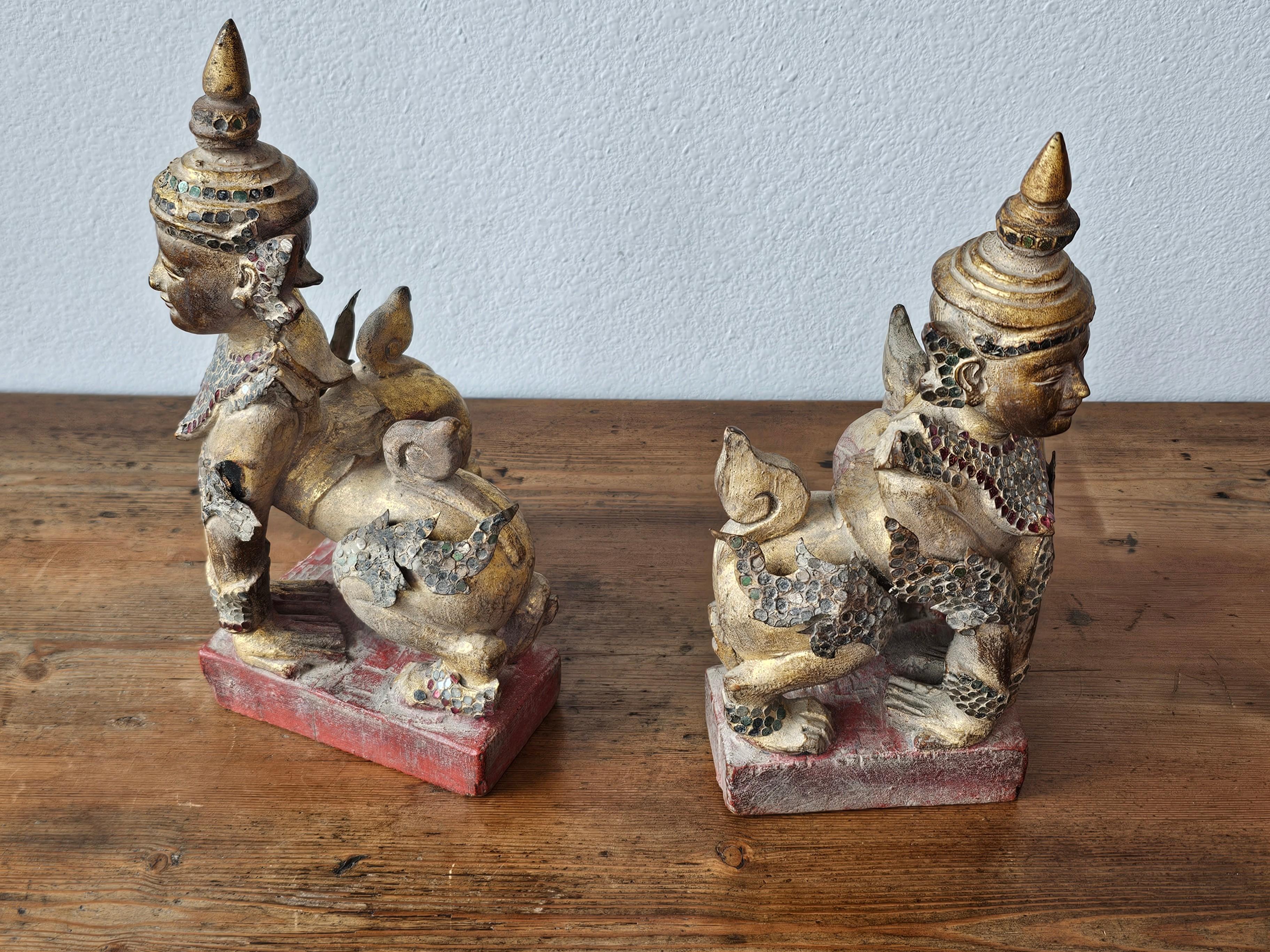 Antique Burmese Carved Gilt Wood Glass Jeweled Manussiha Figure Pair 8