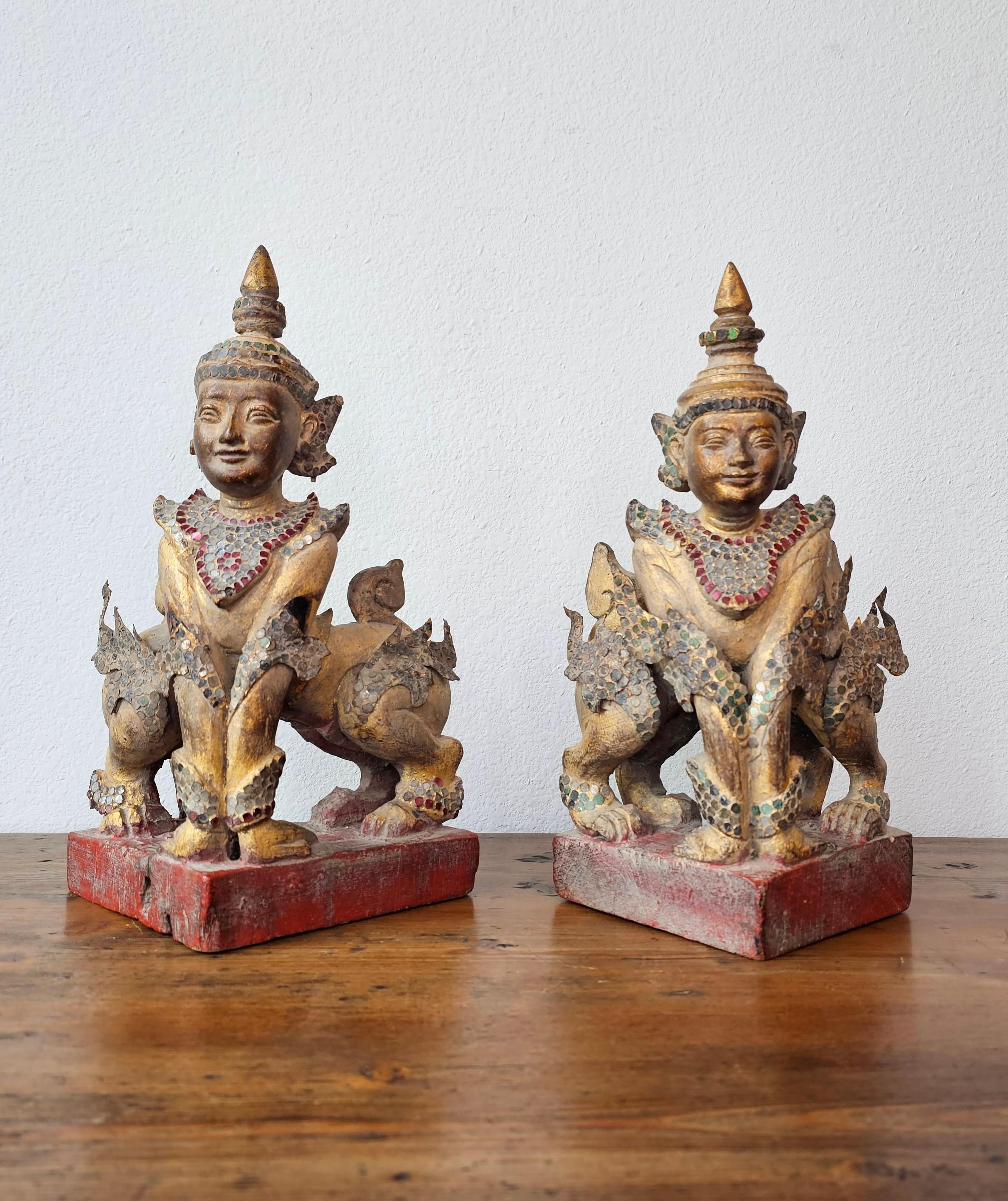Antique Burmese Carved Gilt Wood Glass Jeweled Manussiha Figure Pair 12