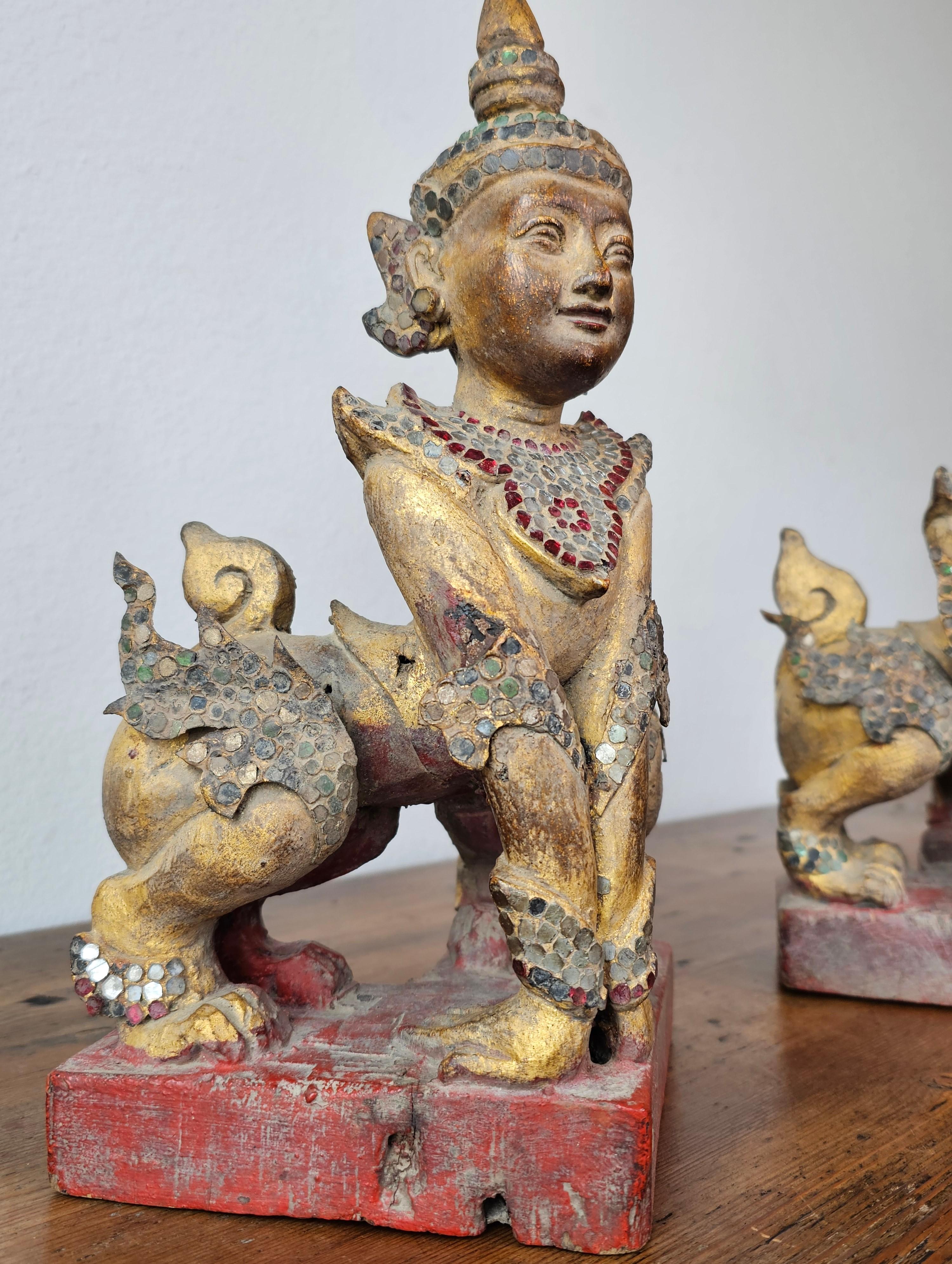 Folk Art Antique Burmese Carved Gilt Wood Glass Jeweled Manussiha Figure Pair