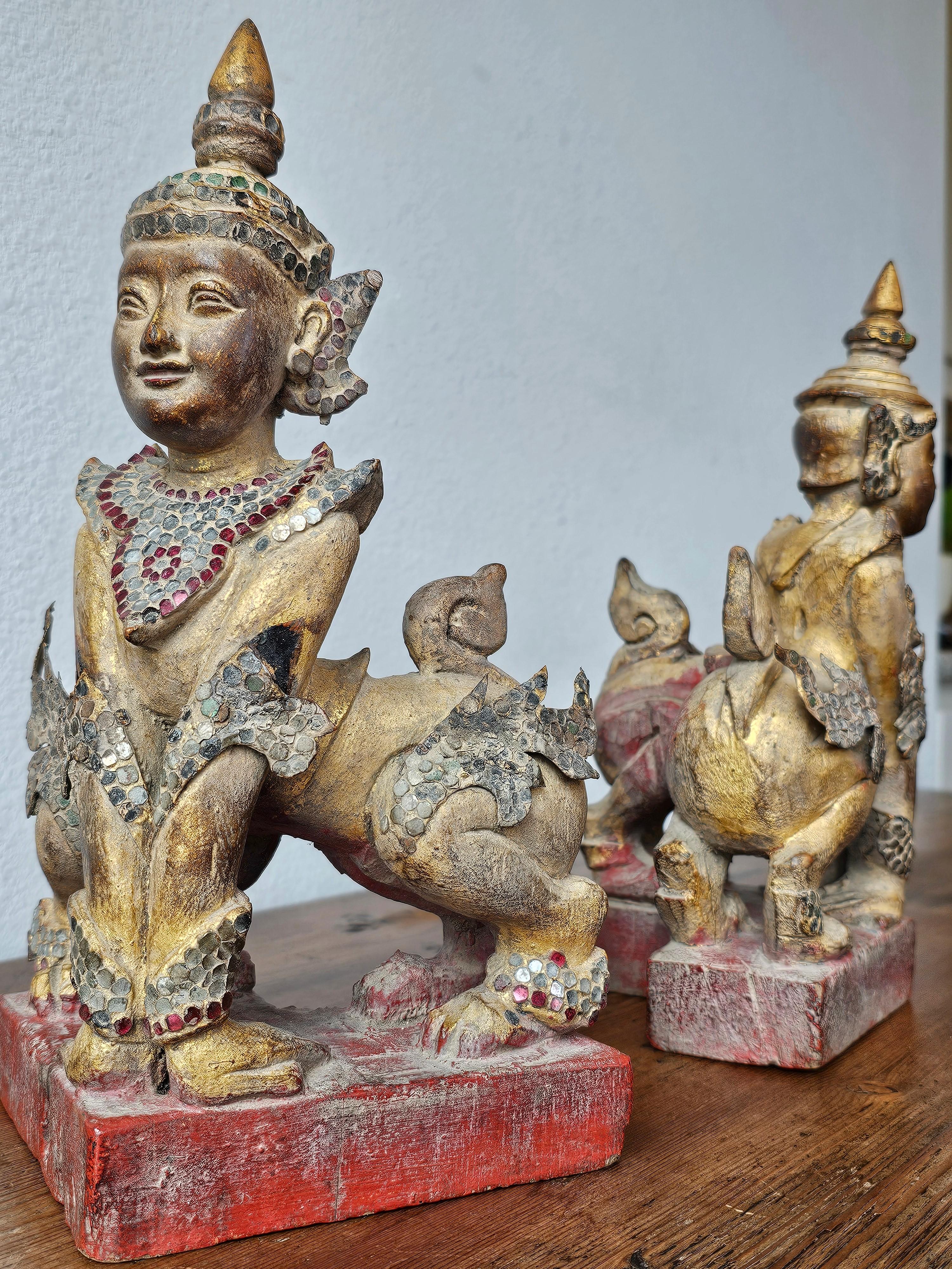 Southeast Asian Antique Burmese Carved Gilt Wood Glass Jeweled Manussiha Figure Pair