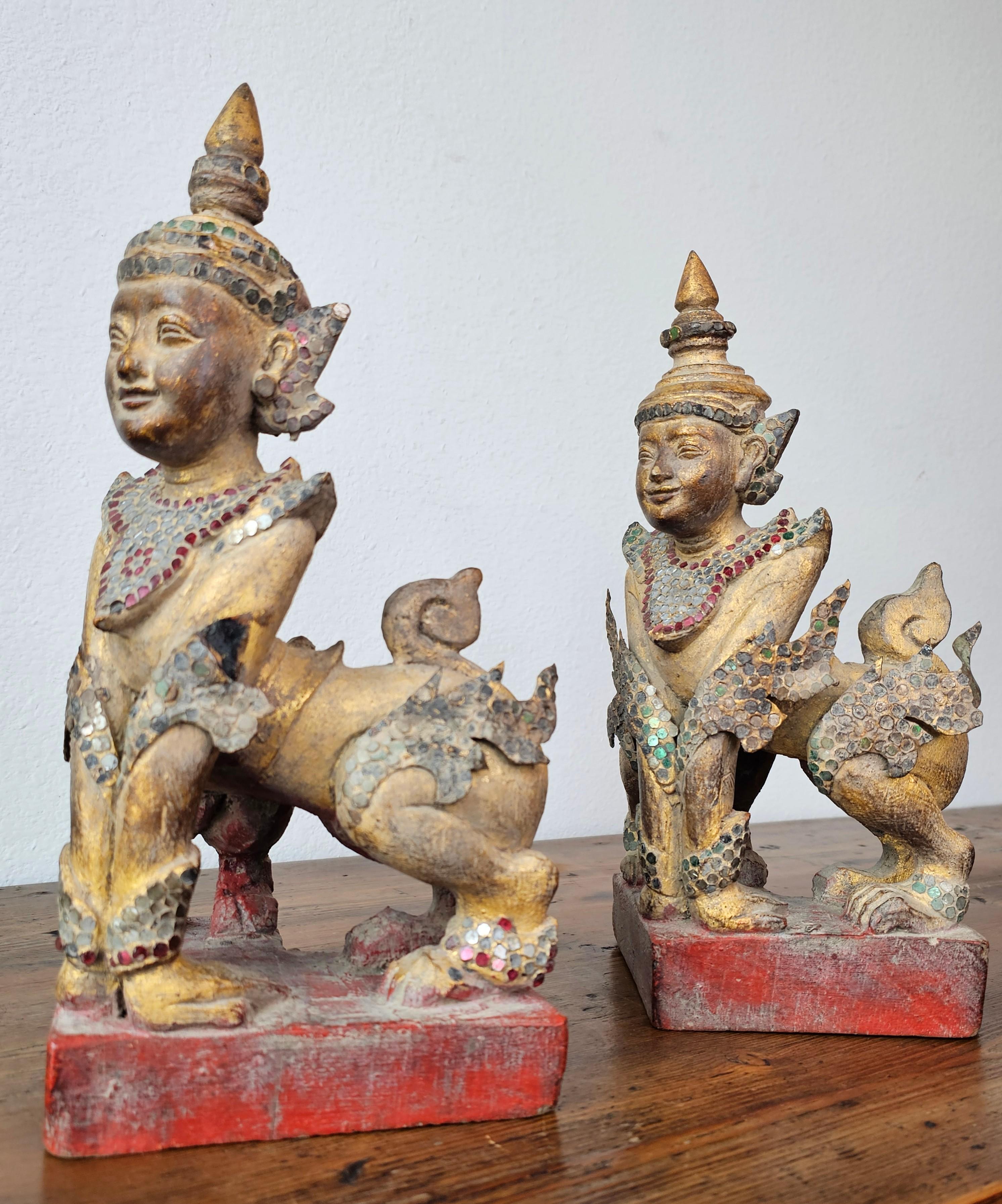Antique Burmese Carved Gilt Wood Glass Jeweled Manussiha Figure Pair In Good Condition In Forney, TX
