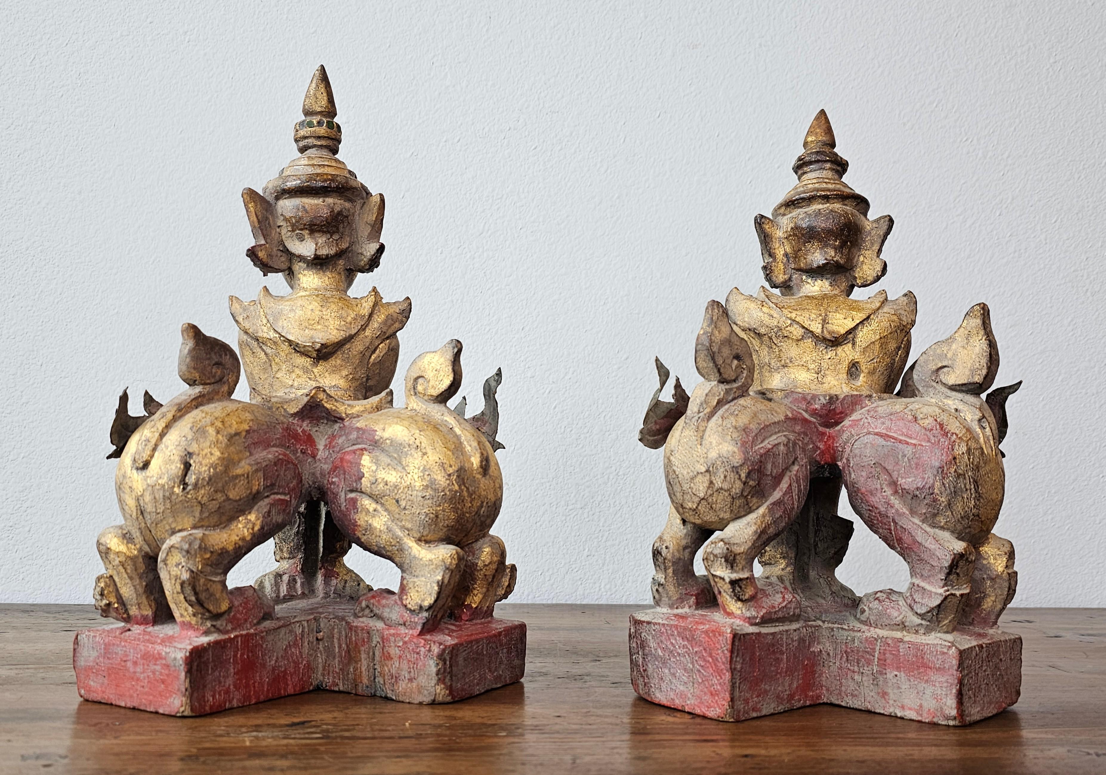 Antique Burmese Carved Gilt Wood Glass Jeweled Manussiha Figure Pair 1