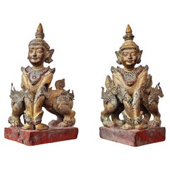 Antique Burmese Carved Gilt Wood Glass Jeweled Manussiha Figure Pair 