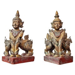 Antique Burmese Carved Gilt Wood Glass Jeweled Manussiha Figure Pair