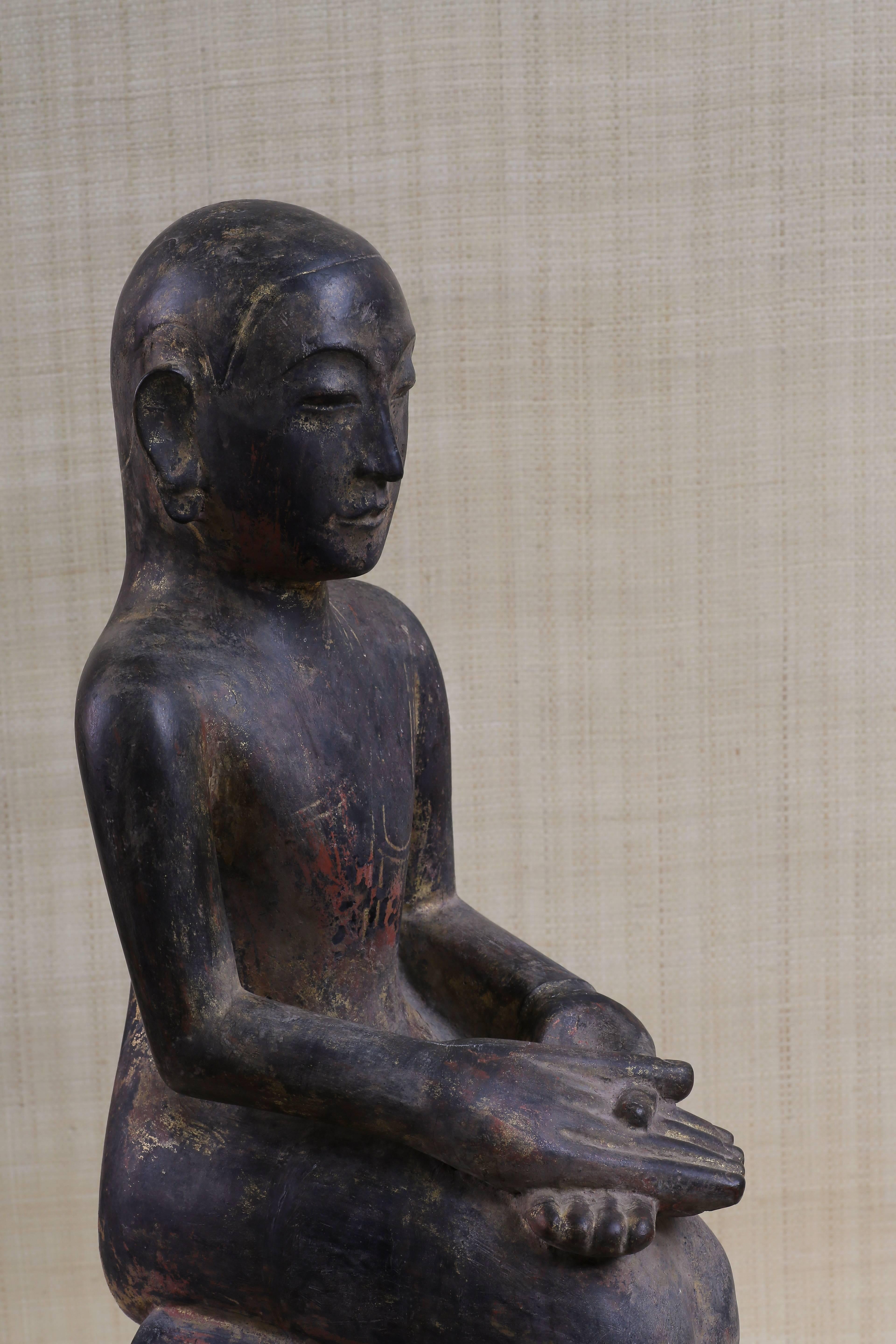 Hand-Carved Antique Burmese Carved Kneeling Monk, Lacquer over Wood, 19th Century