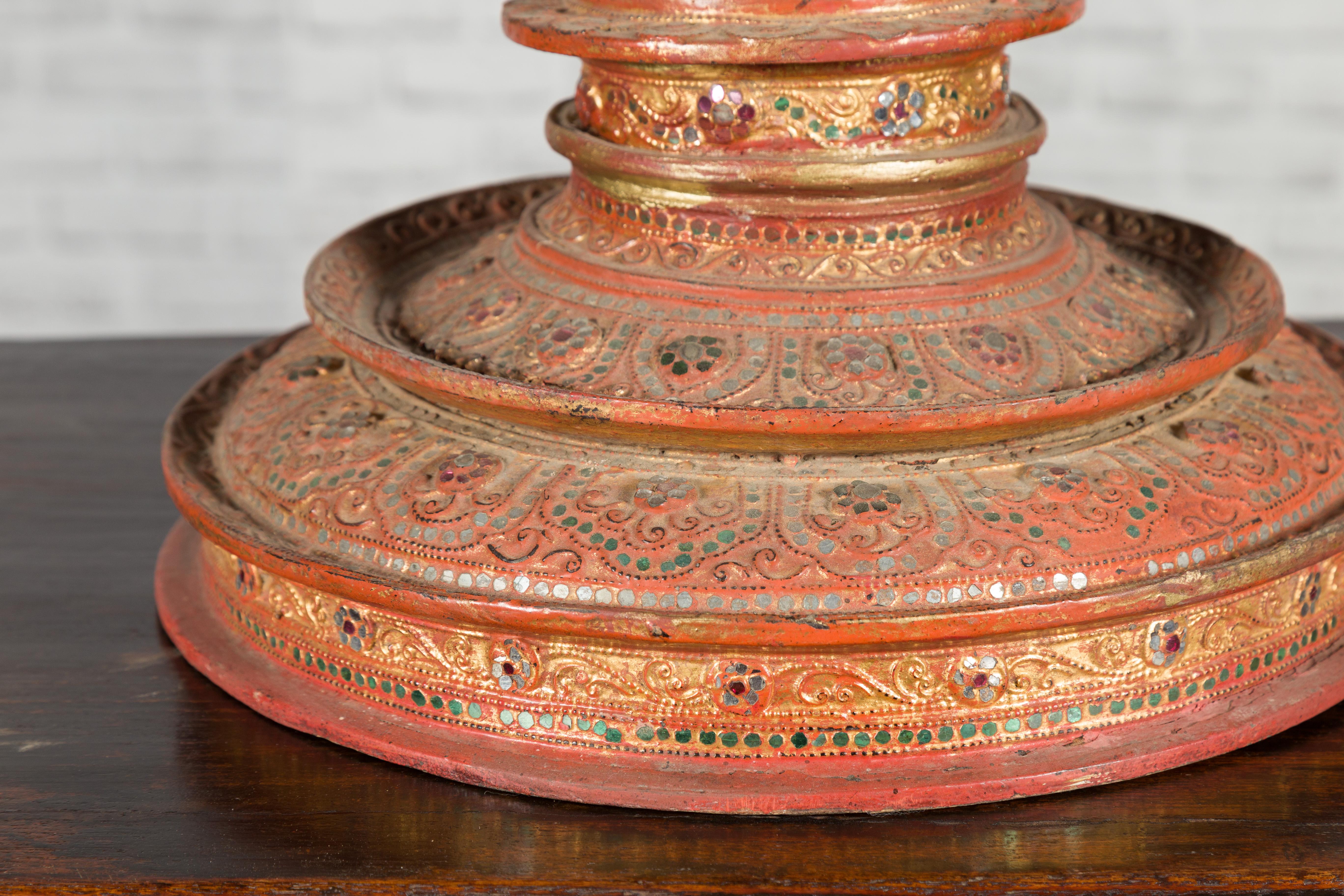 Antique Burmese Carved Teak Lidded Offering Bowl with Inlaid and Gilt Decor 5
