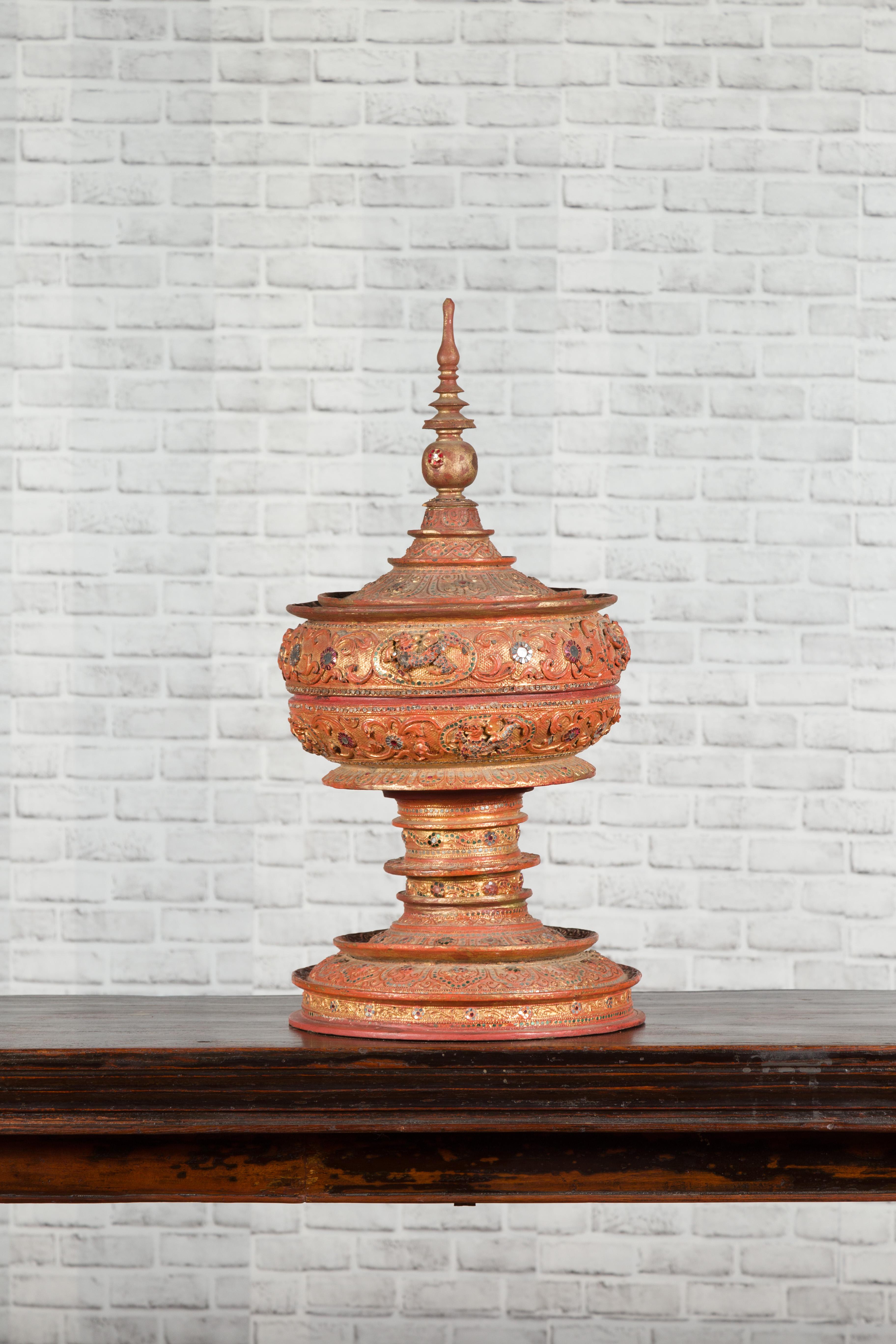 Antique Burmese Carved Teak Lidded Offering Bowl with Inlaid and Gilt Decor 7