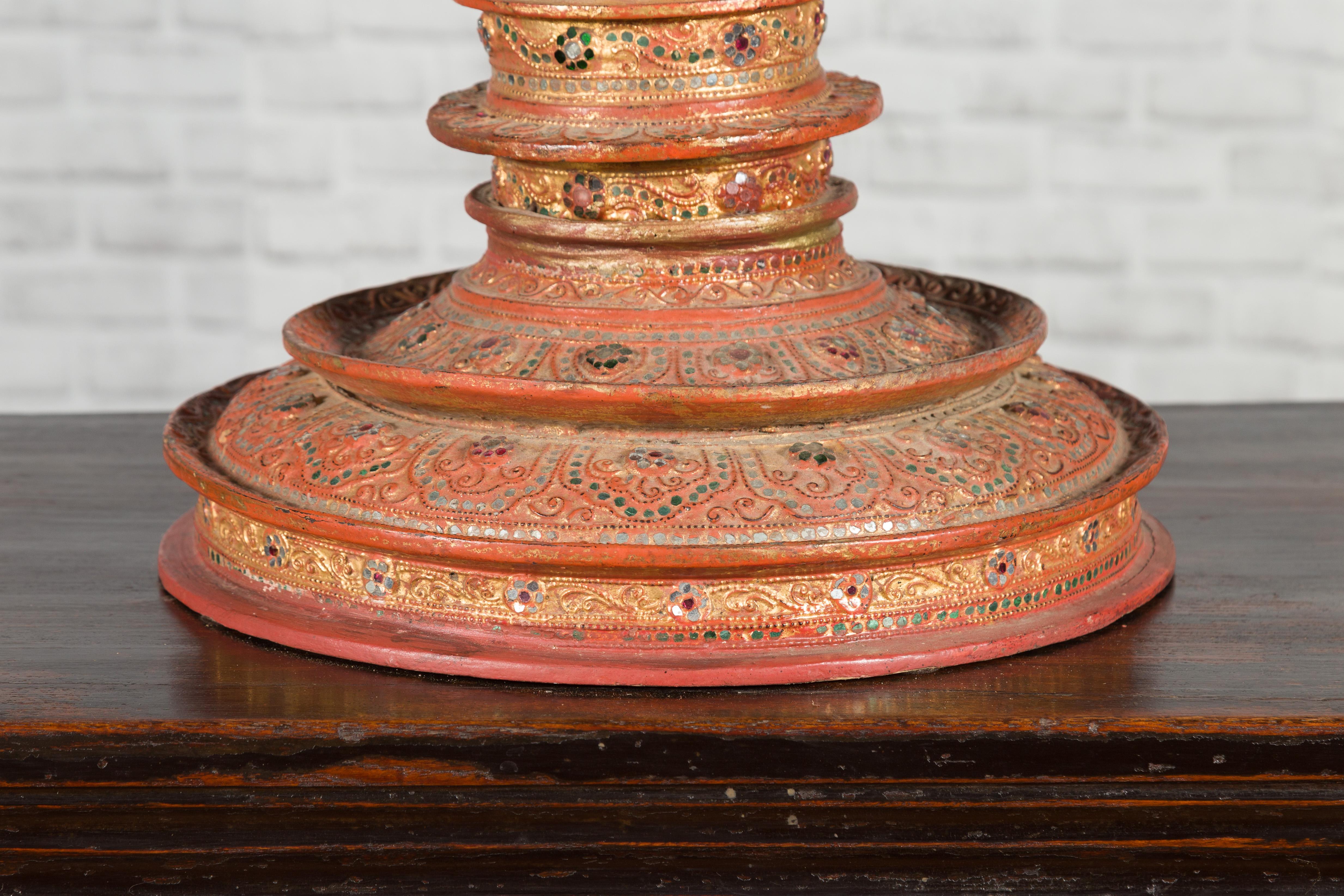 Antique Burmese Carved Teak Lidded Offering Bowl with Inlaid and Gilt Decor 8