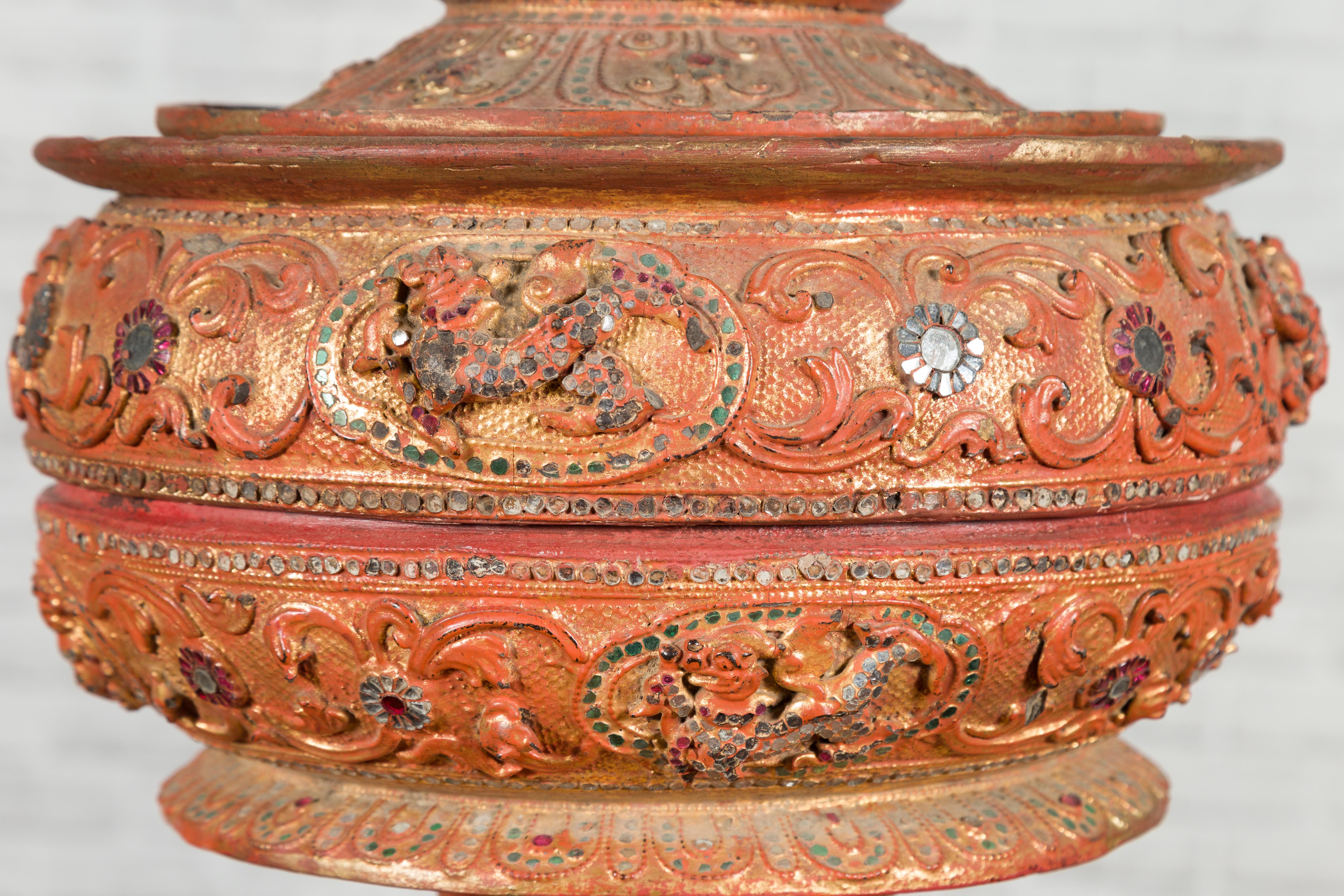 Antique Burmese Carved Teak Lidded Offering Bowl with Inlaid and Gilt Decor 11