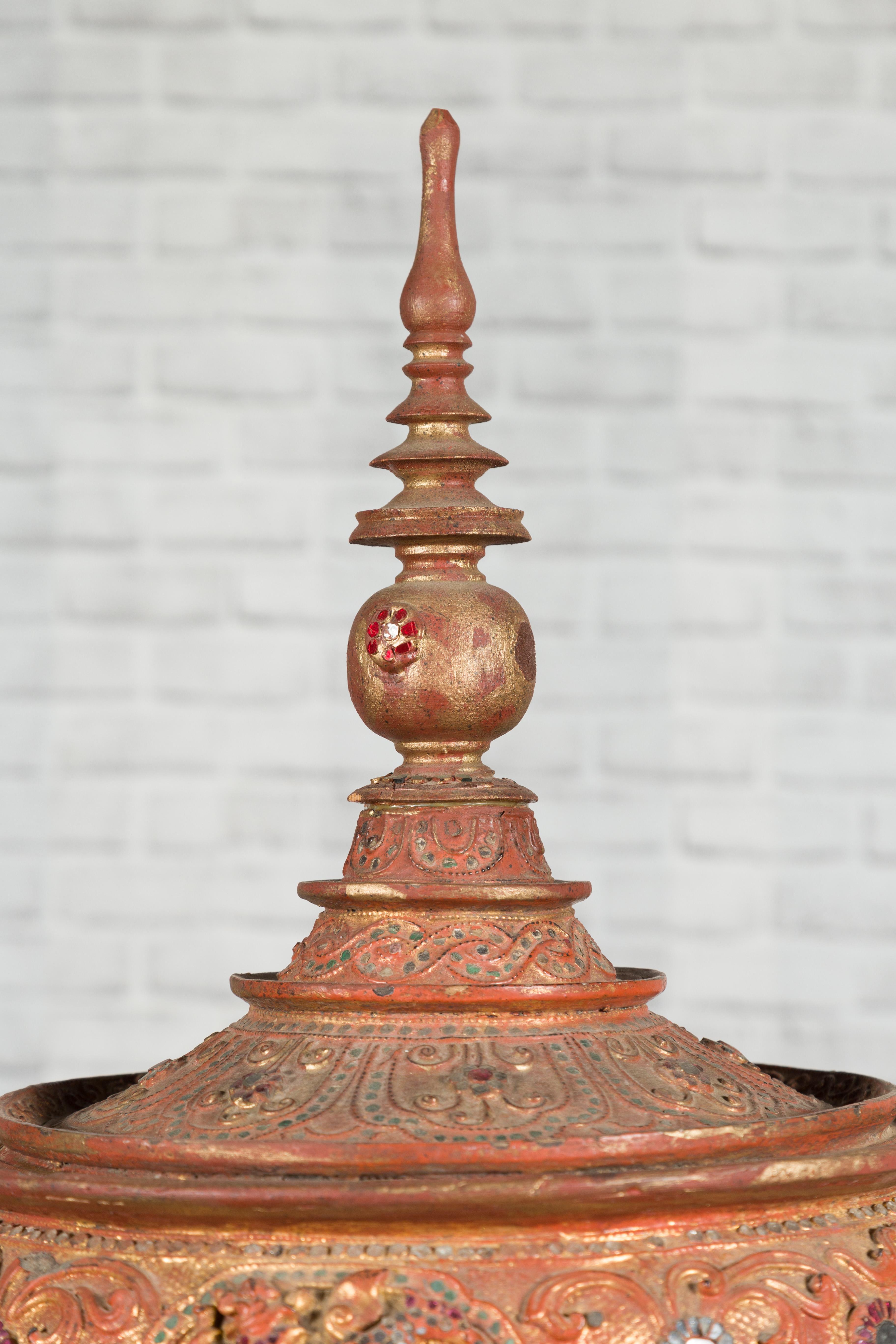Antique Burmese Carved Teak Lidded Offering Bowl with Inlaid and Gilt Decor 12