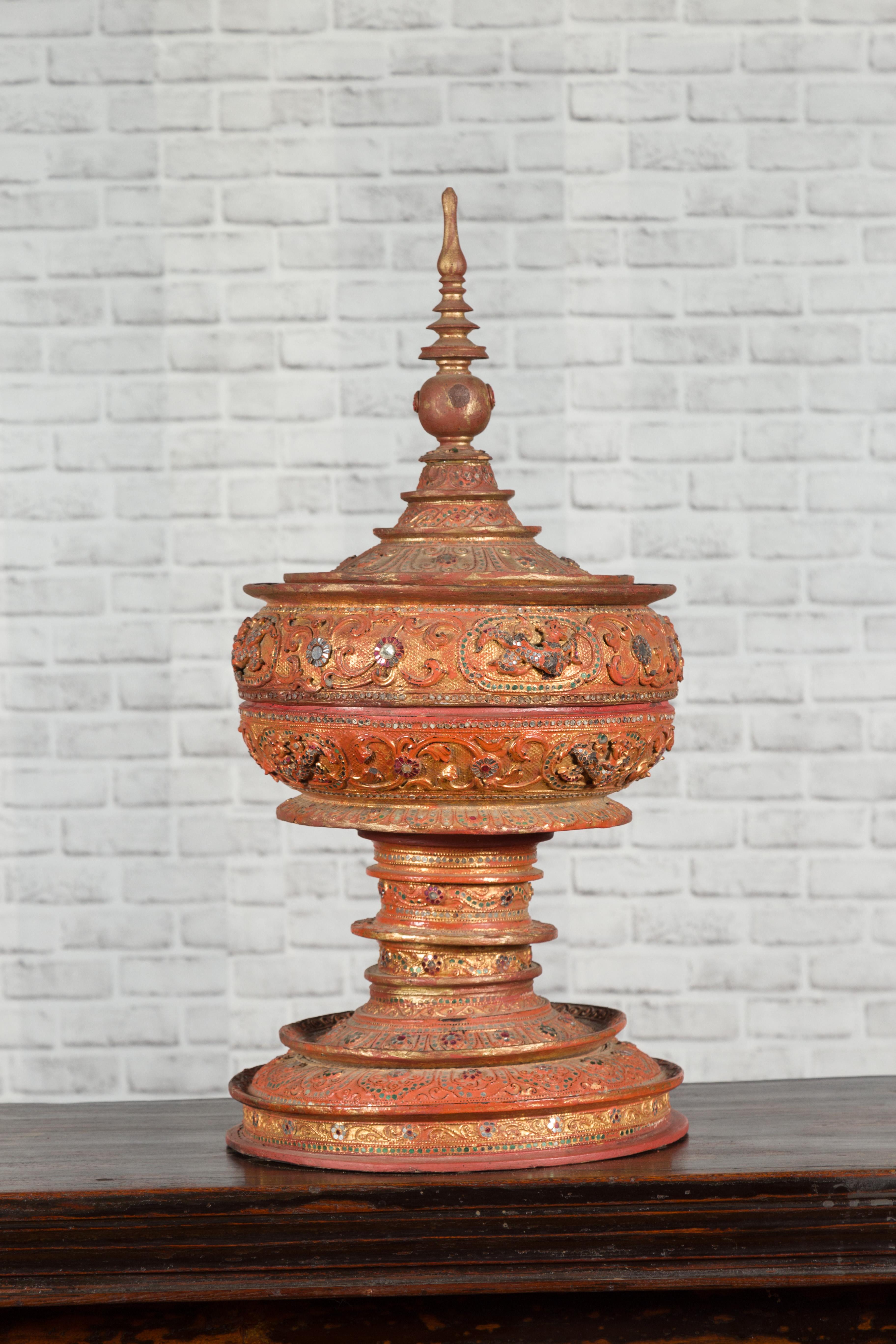 Antique Burmese Carved Teak Lidded Offering Bowl with Inlaid and Gilt Decor 13