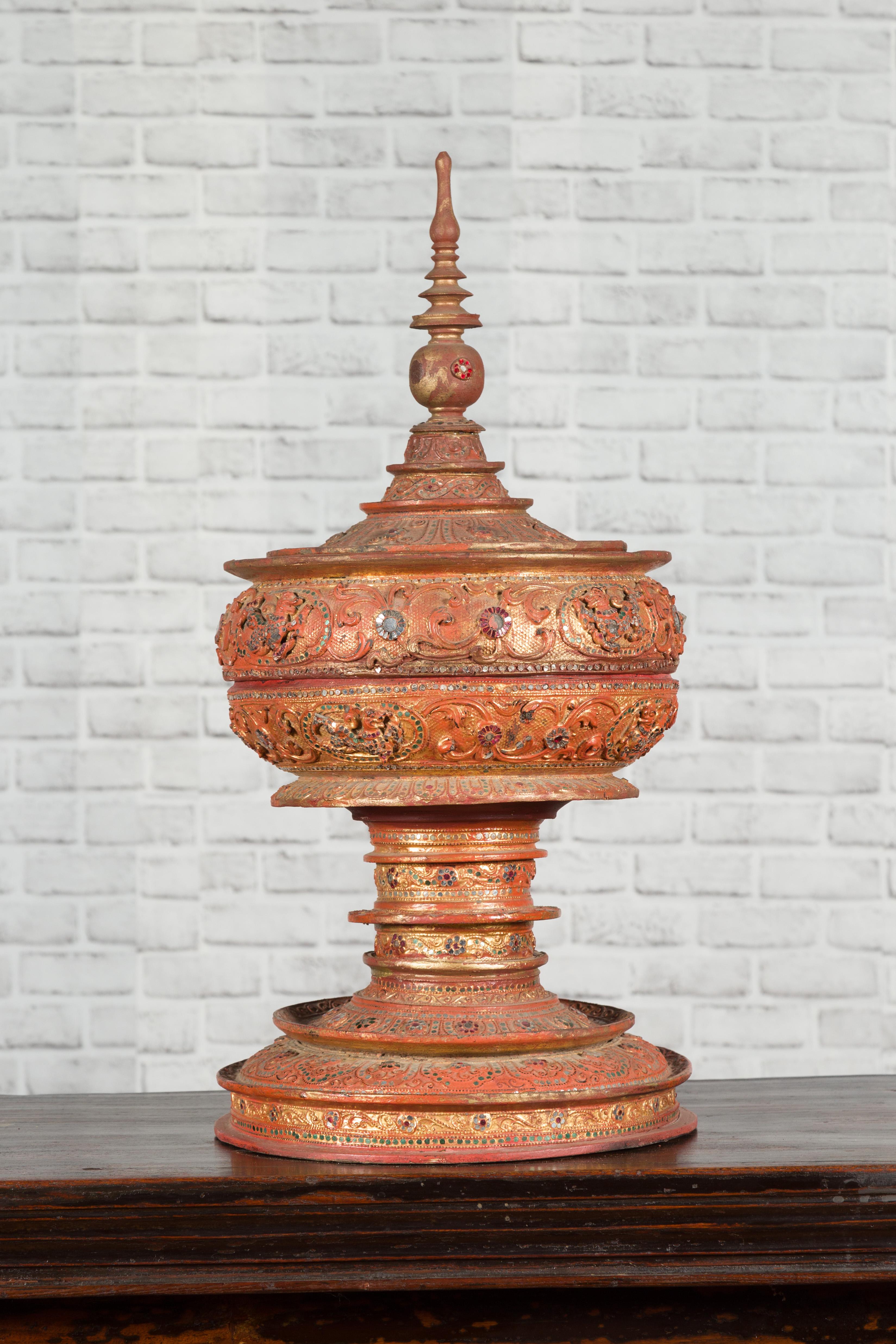 Antique Burmese Carved Teak Lidded Offering Bowl with Inlaid and Gilt Decor 13