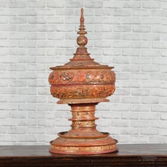Antique Burmese Carved Teak Lidded Offering Bowl with Inlaid and Gilt Decor