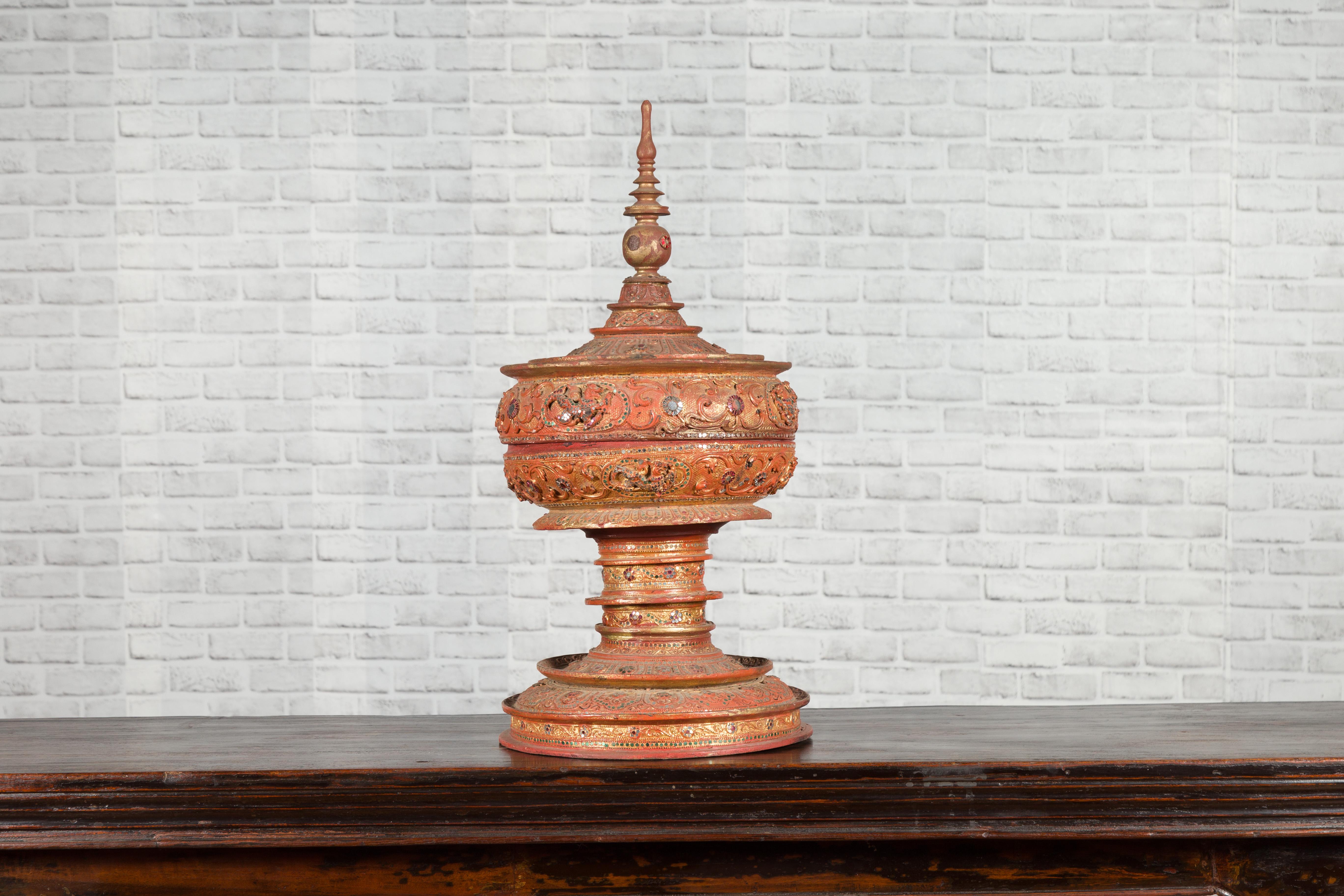 Antique Burmese Carved Teak Lidded Offering Bowl with Inlaid and Gilt Decor In Good Condition In Yonkers, NY