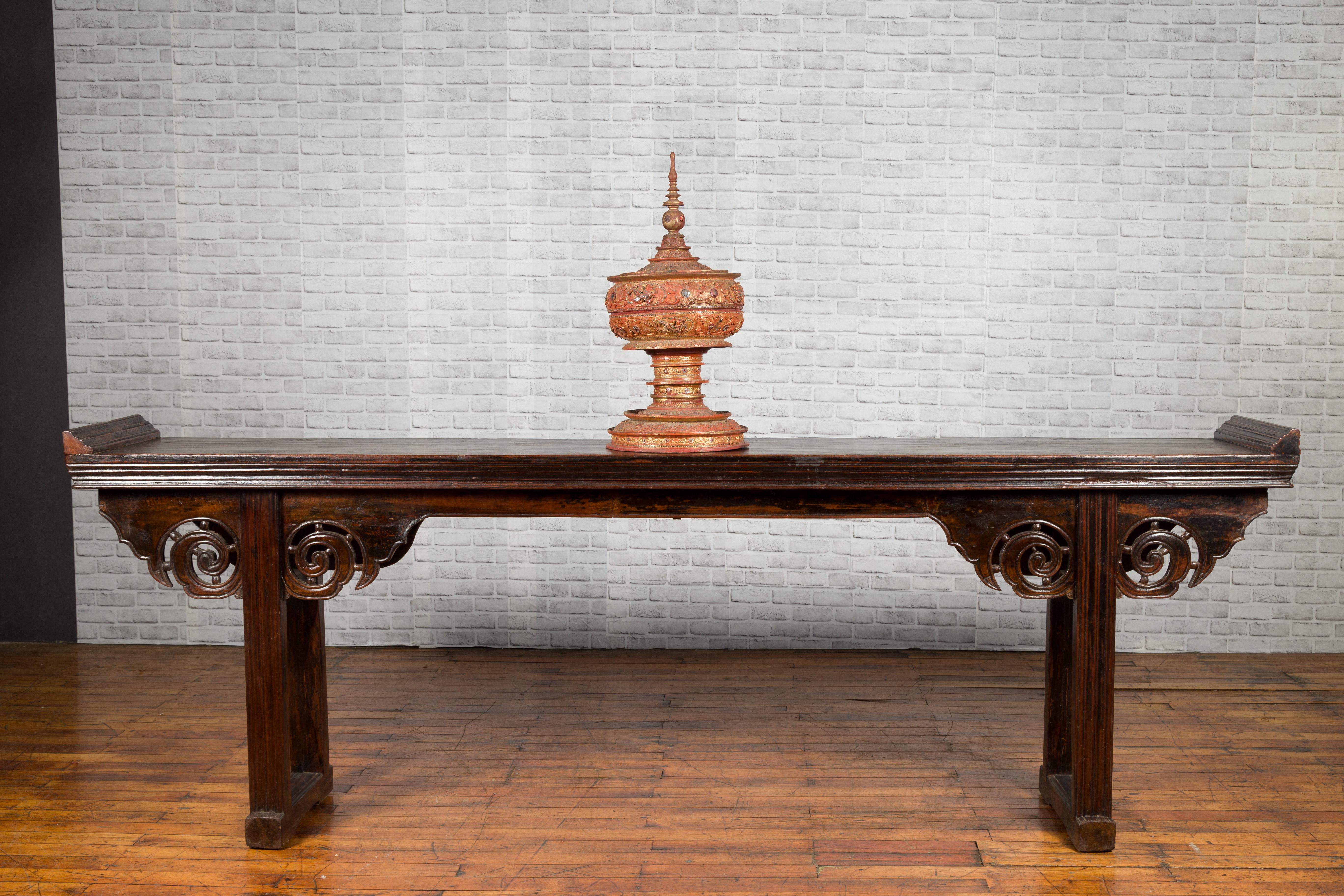 19th Century Antique Burmese Carved Teak Lidded Offering Bowl with Inlaid and Gilt Decor