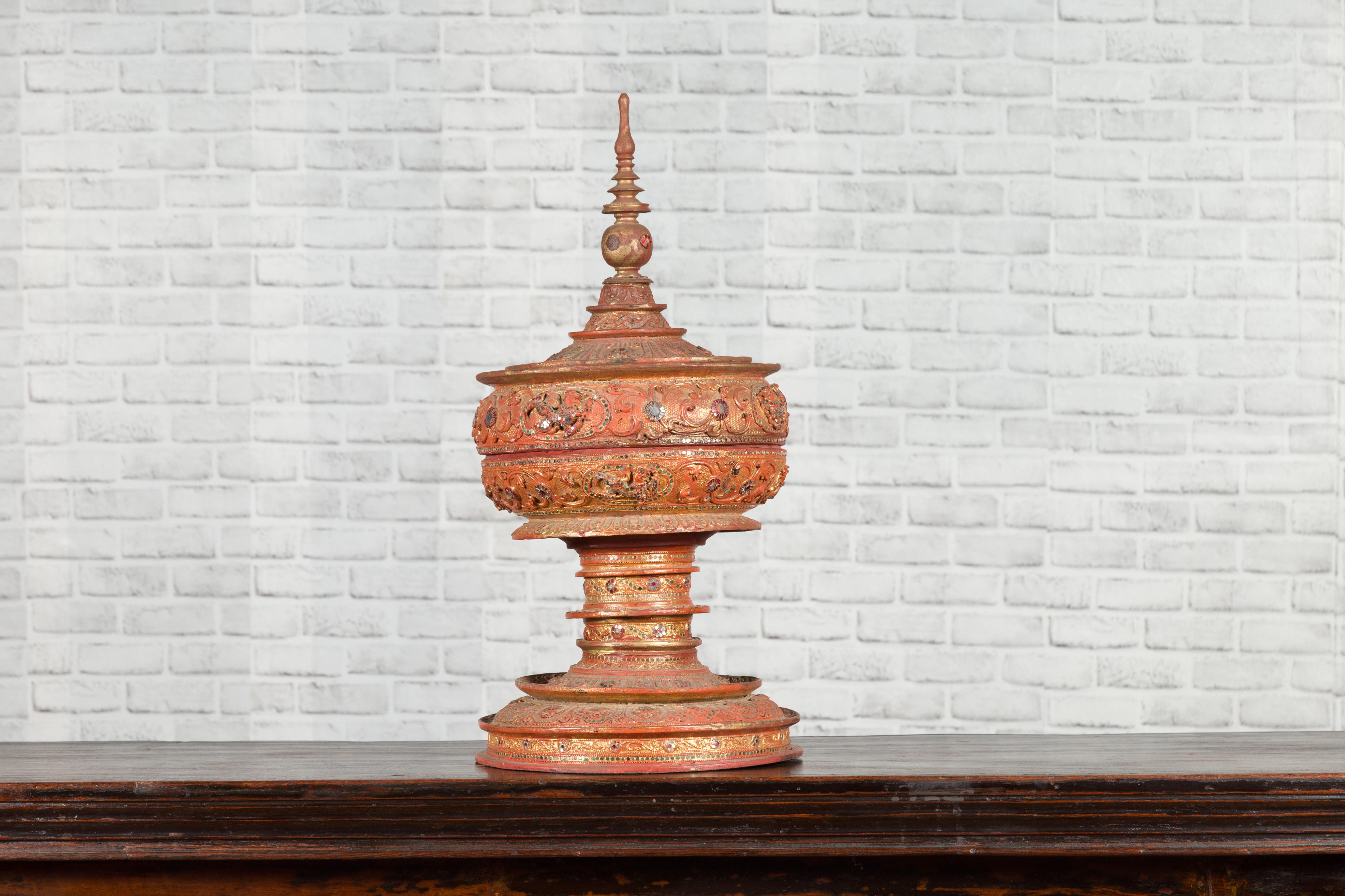 19th Century Antique Burmese Carved Teak Lidded Offering Bowl with Inlaid and Gilt Decor