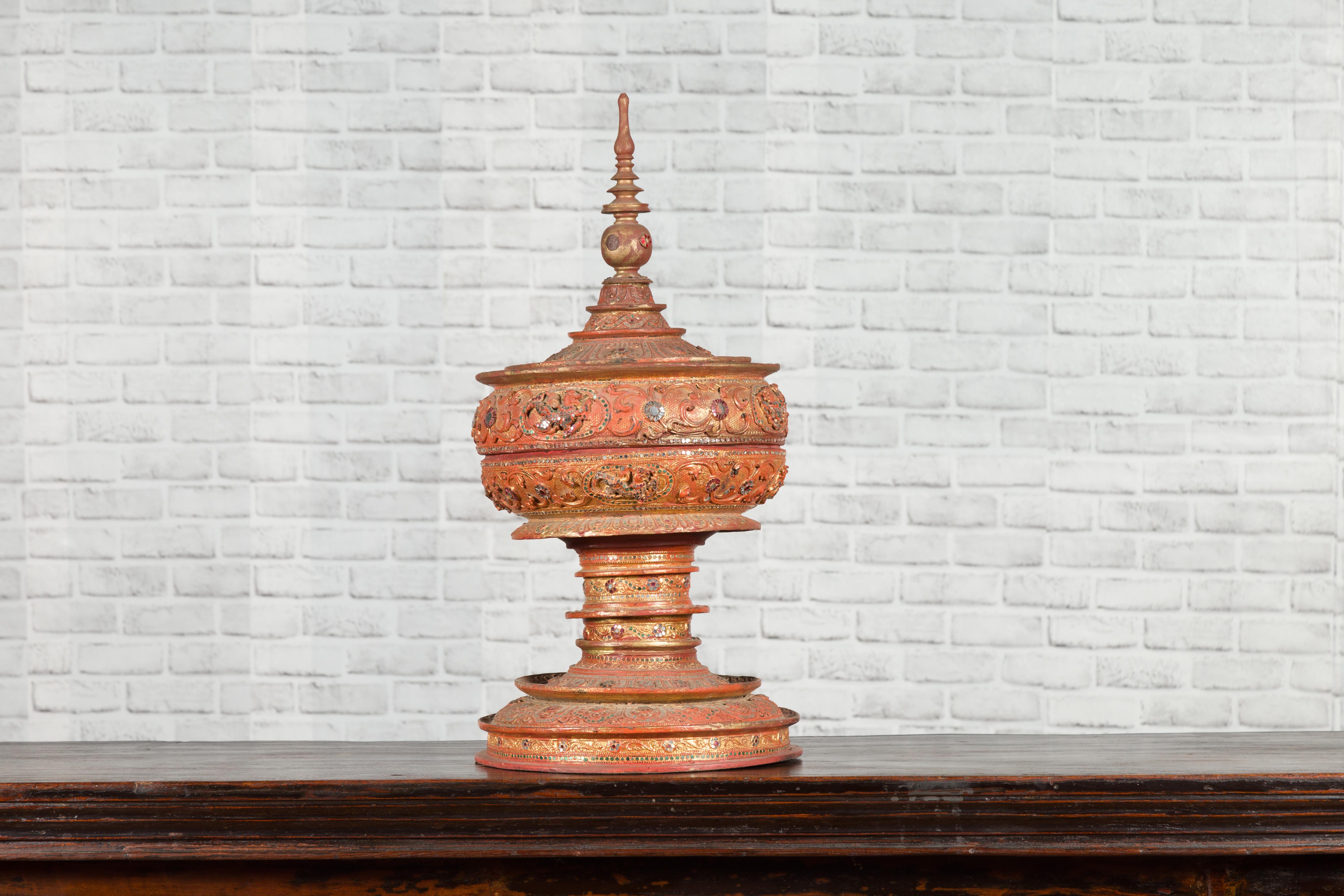 Antique Burmese Carved Teak Lidded Offering Bowl with Inlaid and Gilt Decor 1