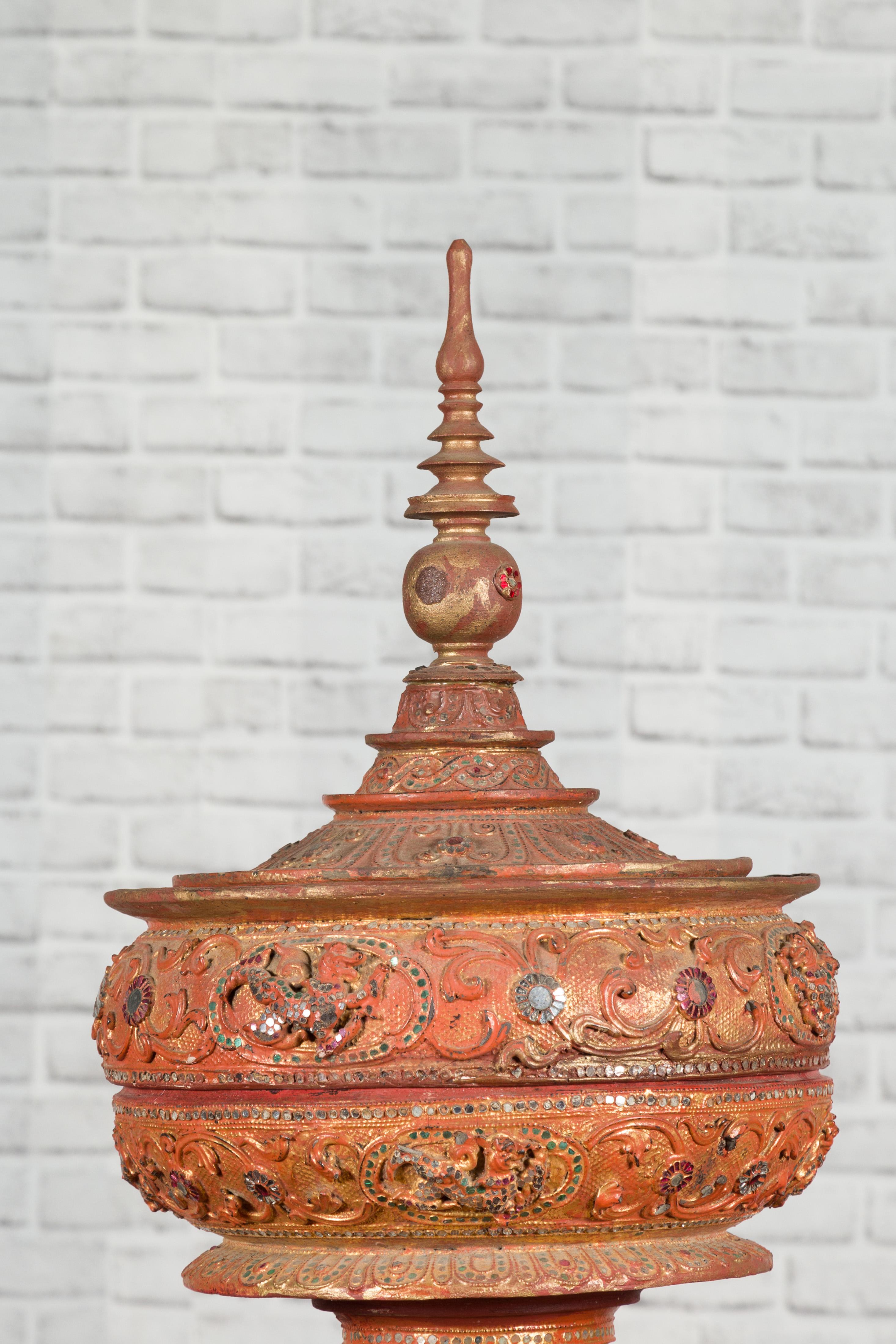 Antique Burmese Carved Teak Lidded Offering Bowl with Inlaid and Gilt Decor 1