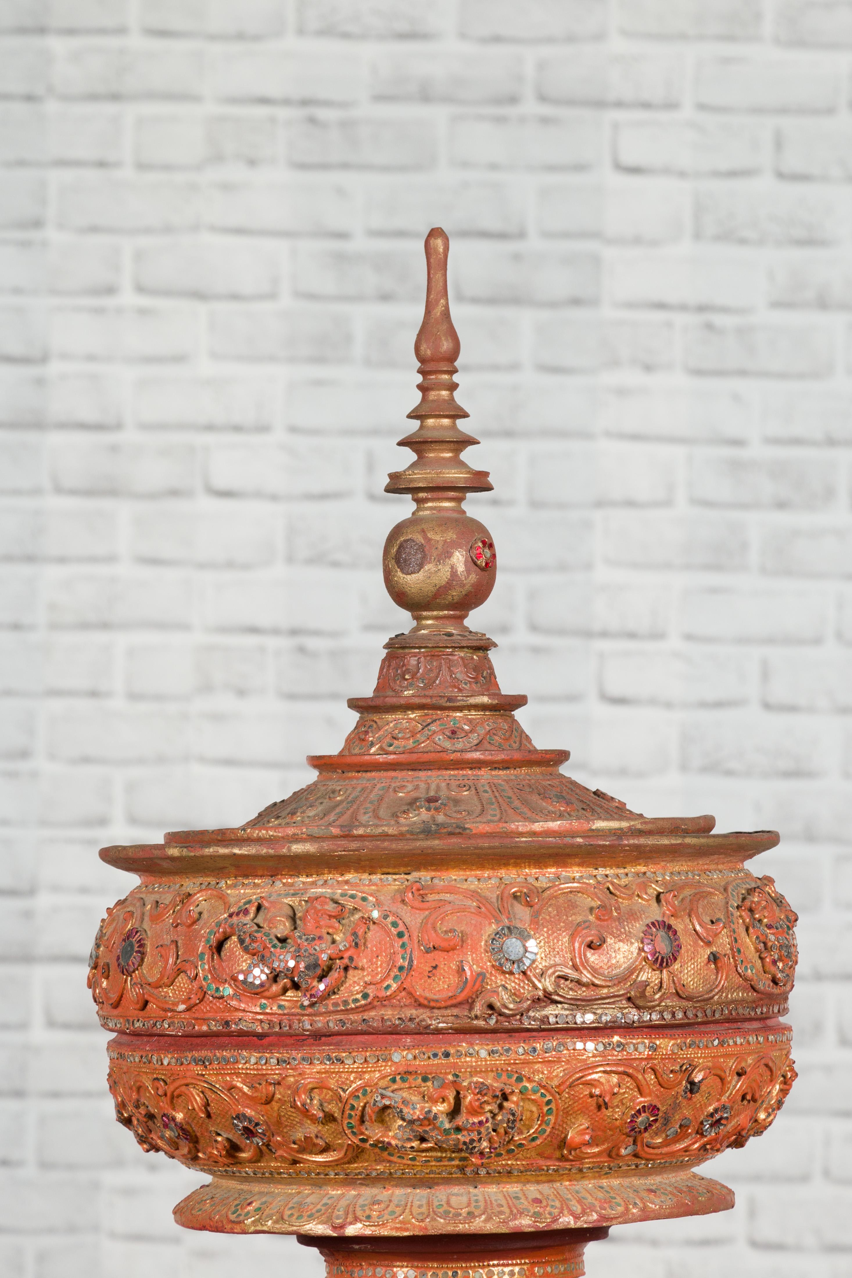 Antique Burmese Carved Teak Lidded Offering Bowl with Inlaid and Gilt Decor 2