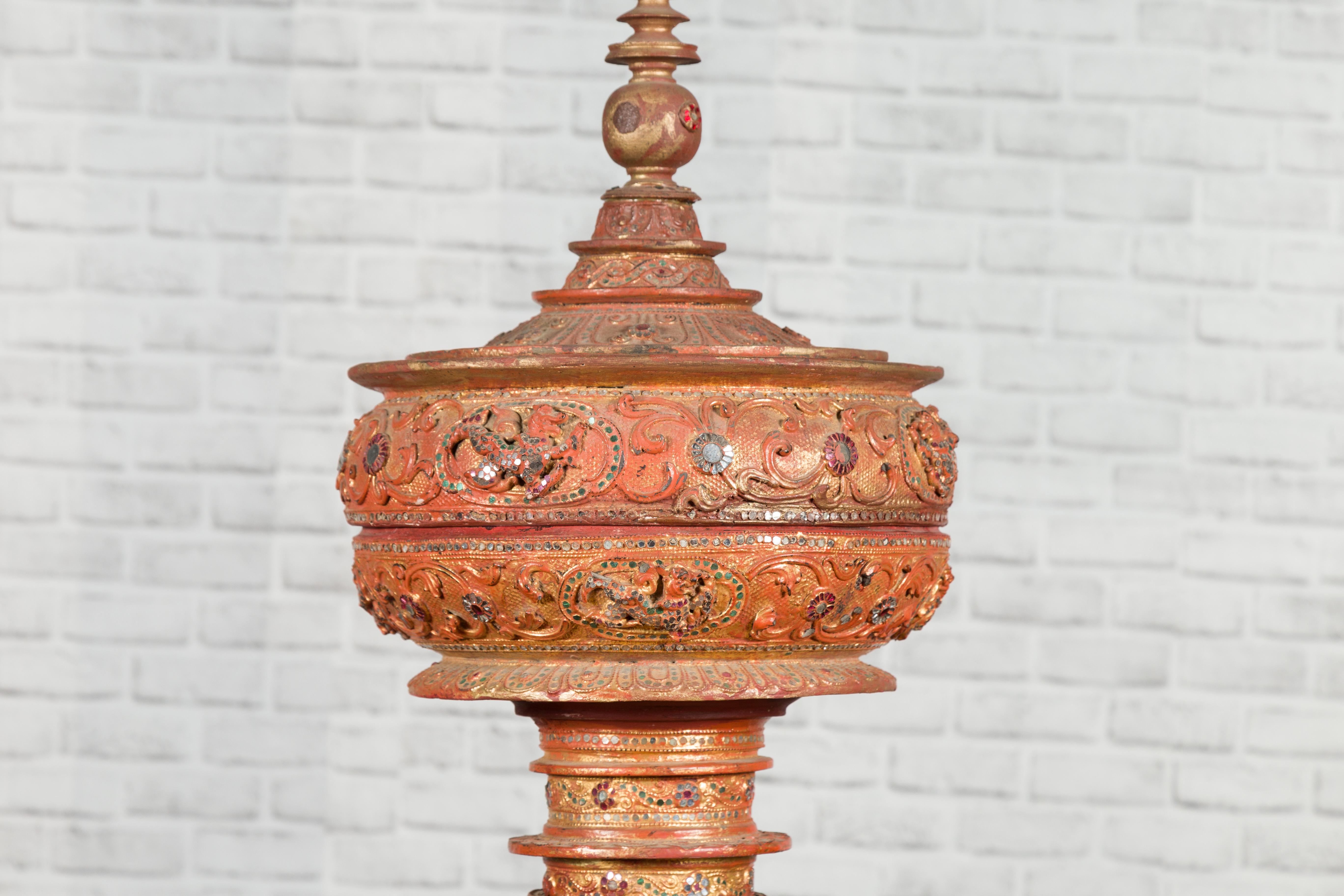 Antique Burmese Carved Teak Lidded Offering Bowl with Inlaid and Gilt Decor 3