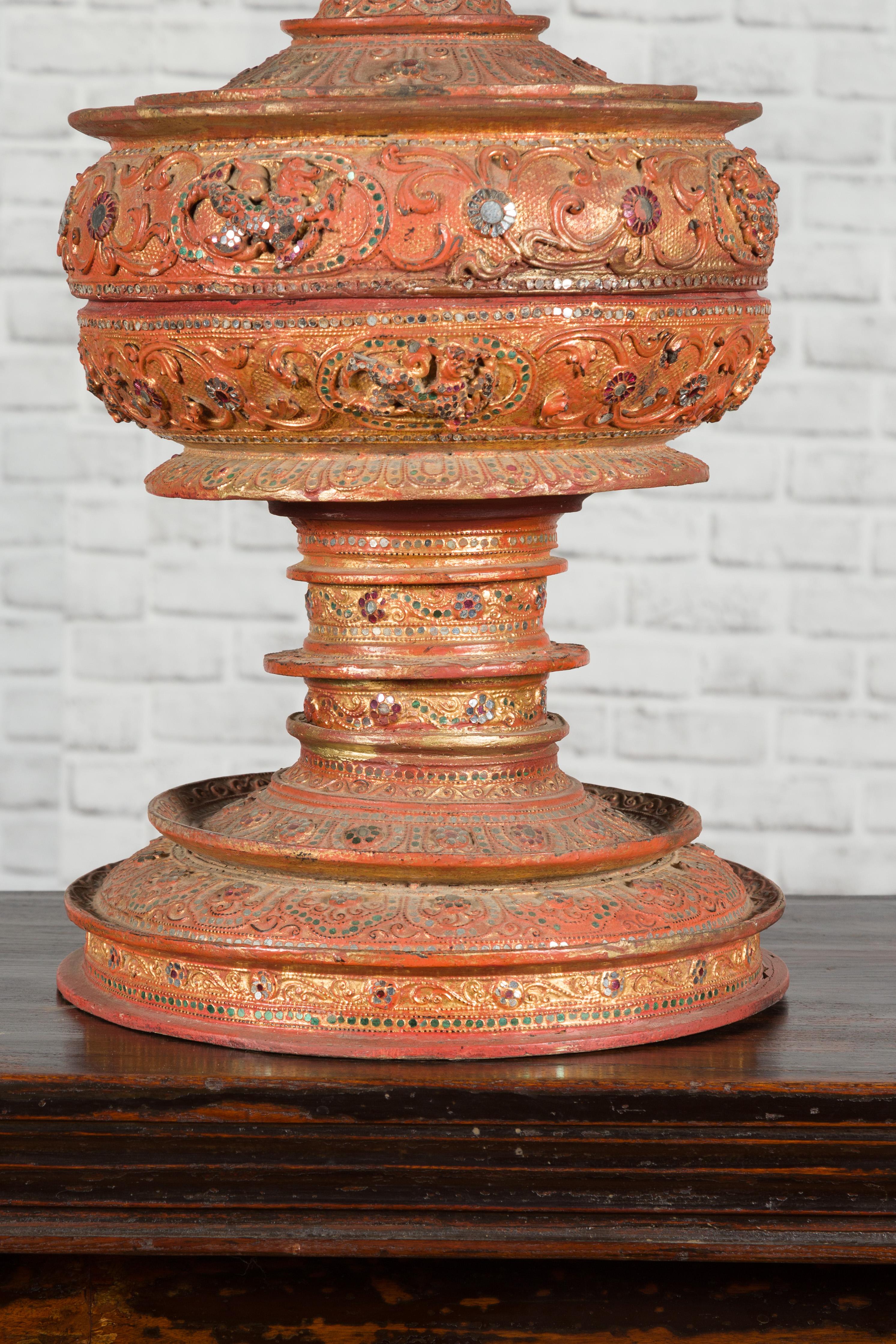 Antique Burmese Carved Teak Lidded Offering Bowl with Inlaid and Gilt Decor 4