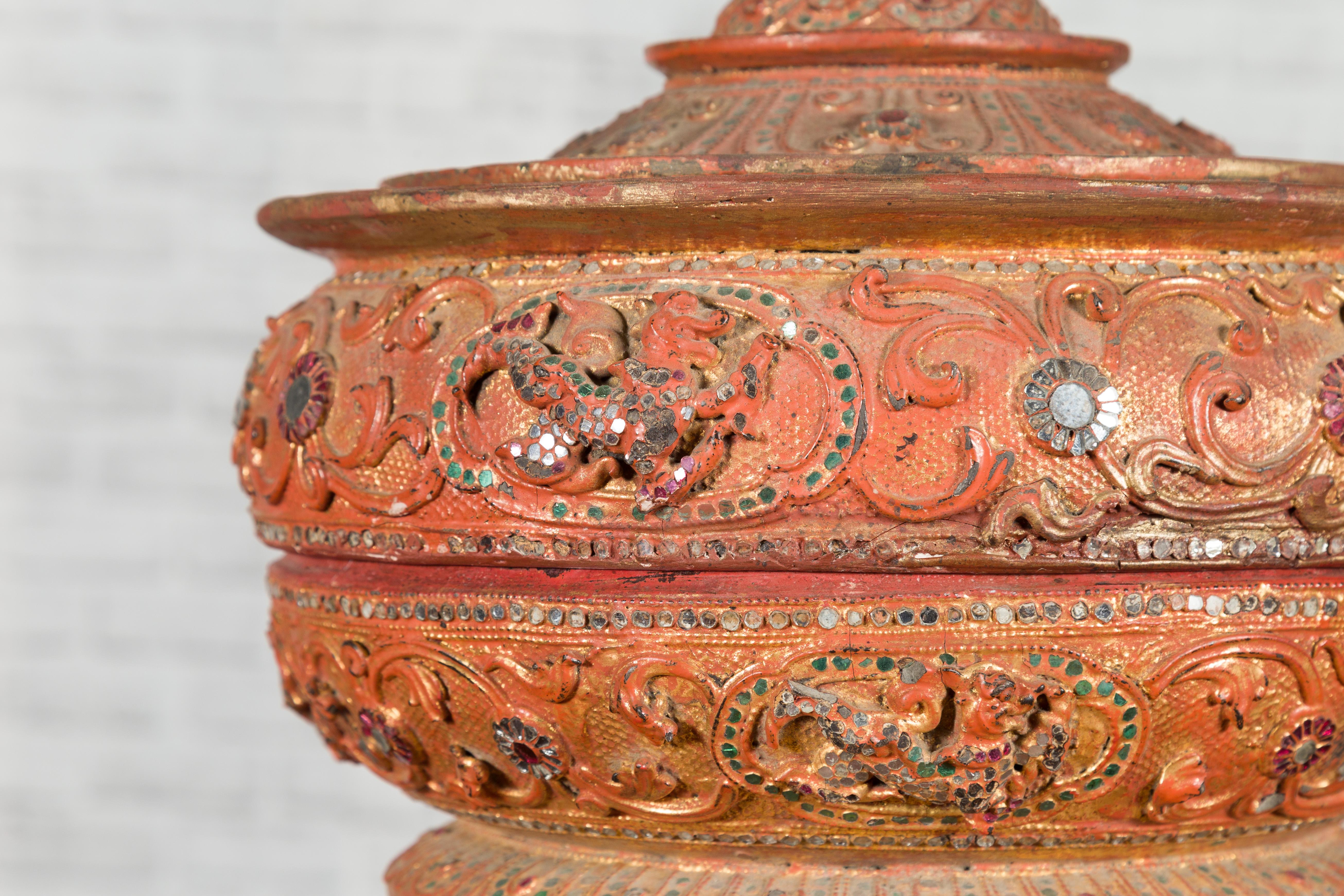 Antique Burmese Carved Teak Lidded Offering Bowl with Inlaid and Gilt Decor 5