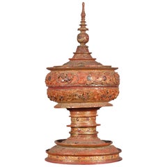 Antique Burmese Carved Teak Lidded Offering Bowl with Inlaid and Gilt Decor