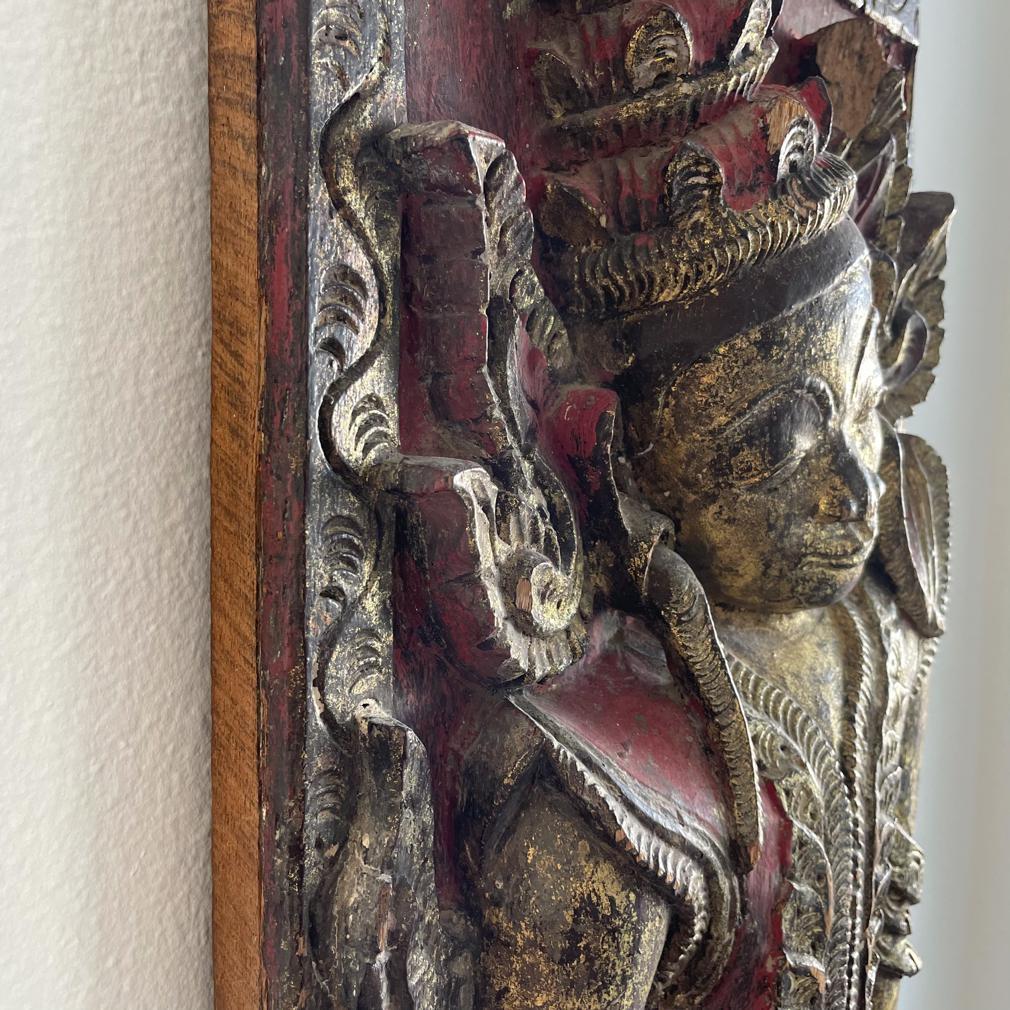Antique Burmese Carved Wood Panel of a Court Scribe. For Sale 4