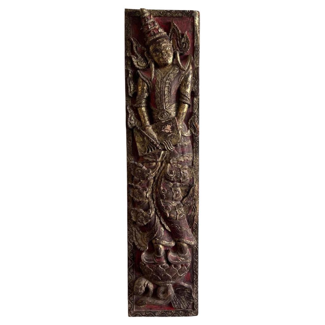 Antique Burmese Carved Wood Panel of a Court Scribe. For Sale