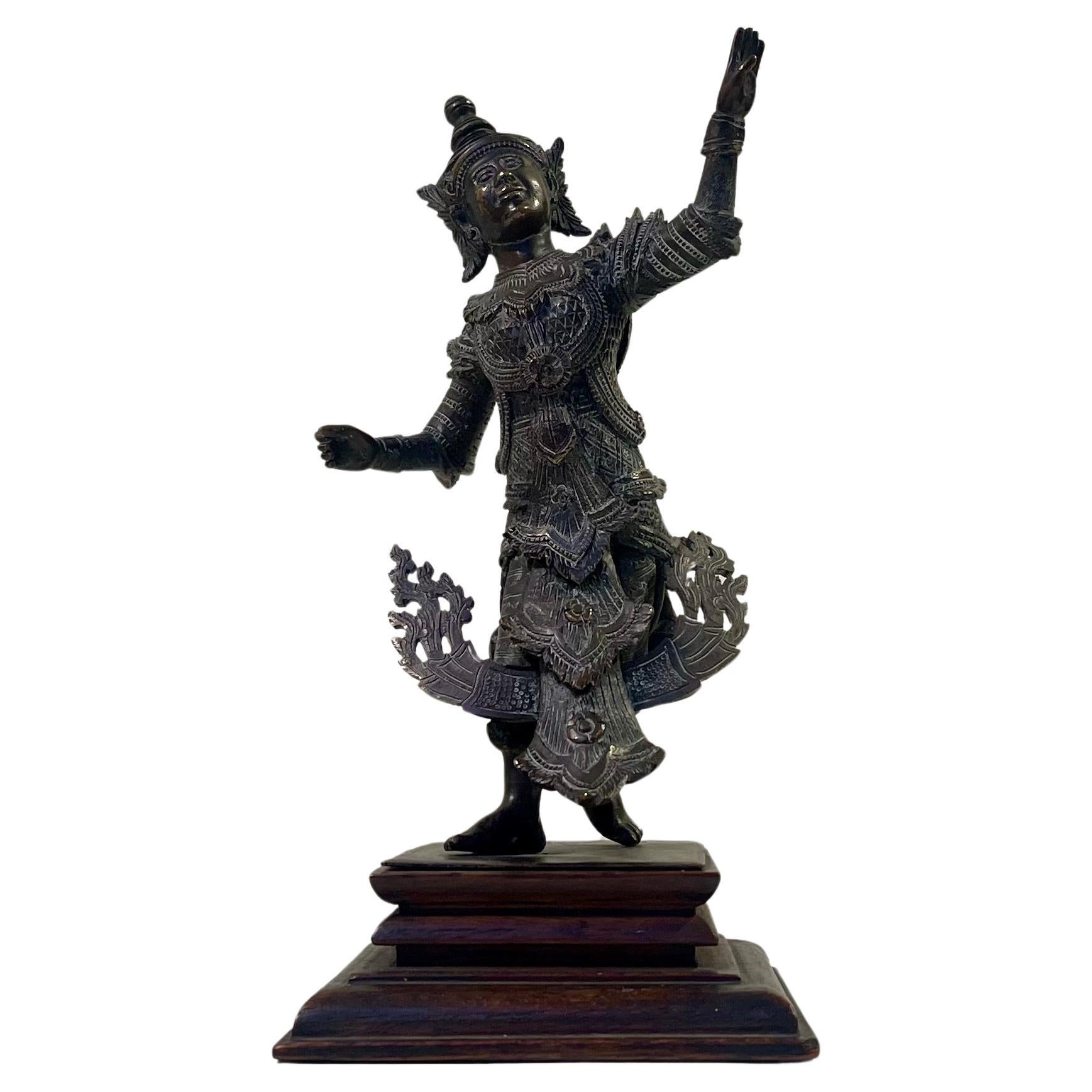 Antique Burmese Cast Brass Courtly Dancer Figurine, Signed Maung Yai For Sale