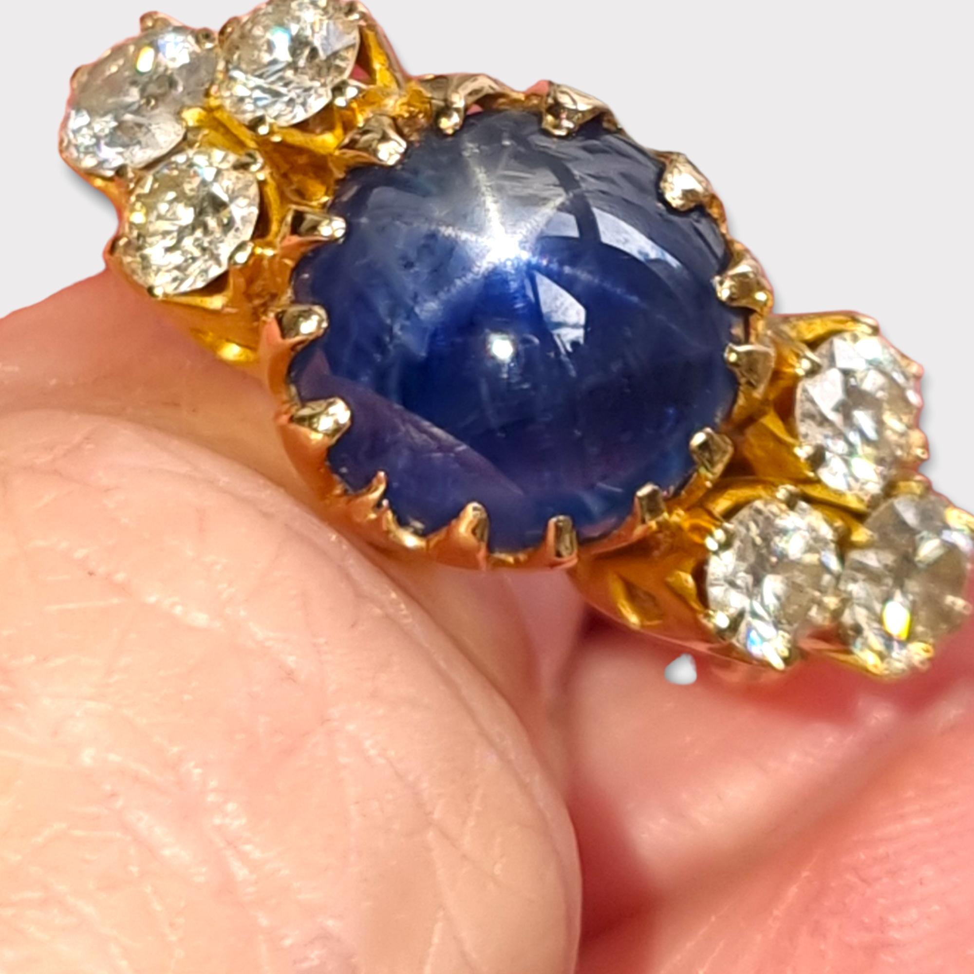 Moderniste Bague ancienne en saphir bleu étoilé certifié birman de 10,18 carats et diamants en vente