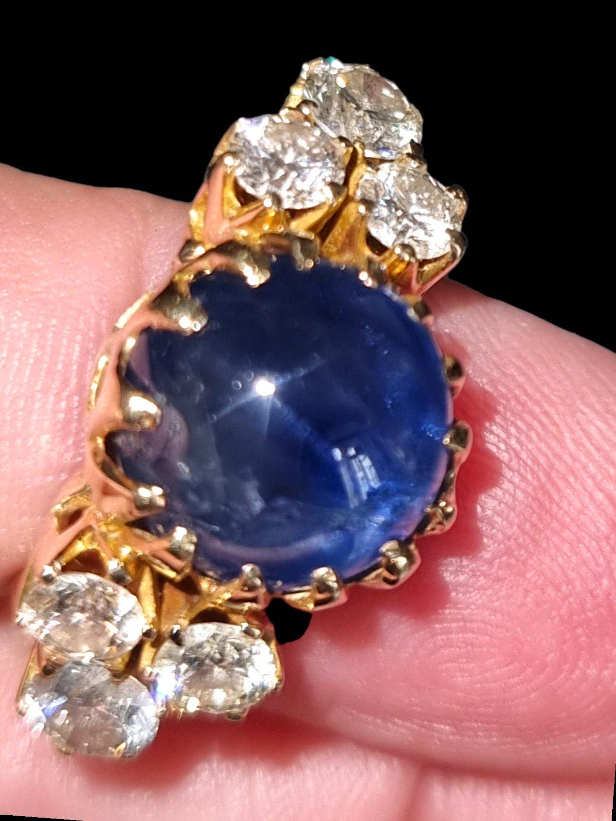 Bague ancienne en saphir bleu étoilé certifié birman de 10,18 carats et diamants Bon état - En vente à OVIEDO, AS