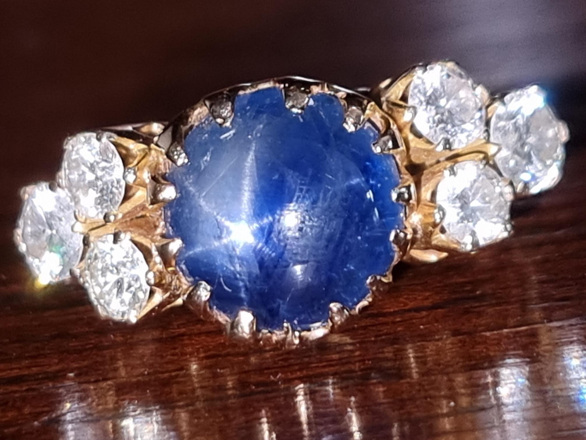 Modernist Antique Burmese Certified 10.18 Carat Blue Star Sapphire and Diamond Ring For Sale