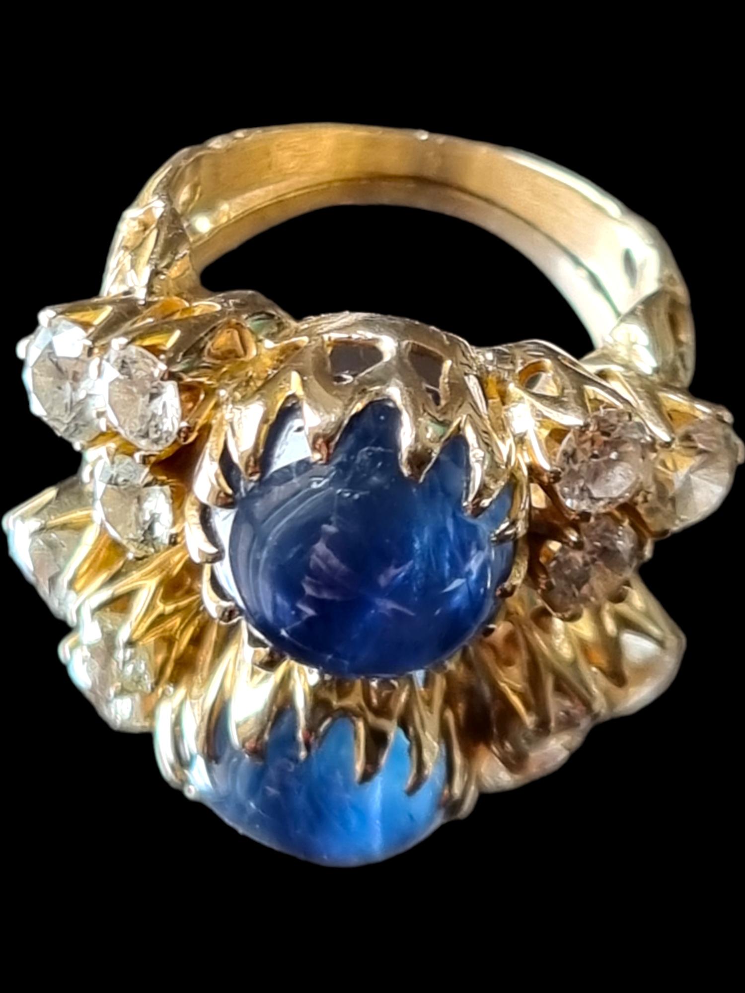 Cabochon Antique Burmese Certified 10.18 Carat Blue Star Sapphire and Diamond Ring For Sale