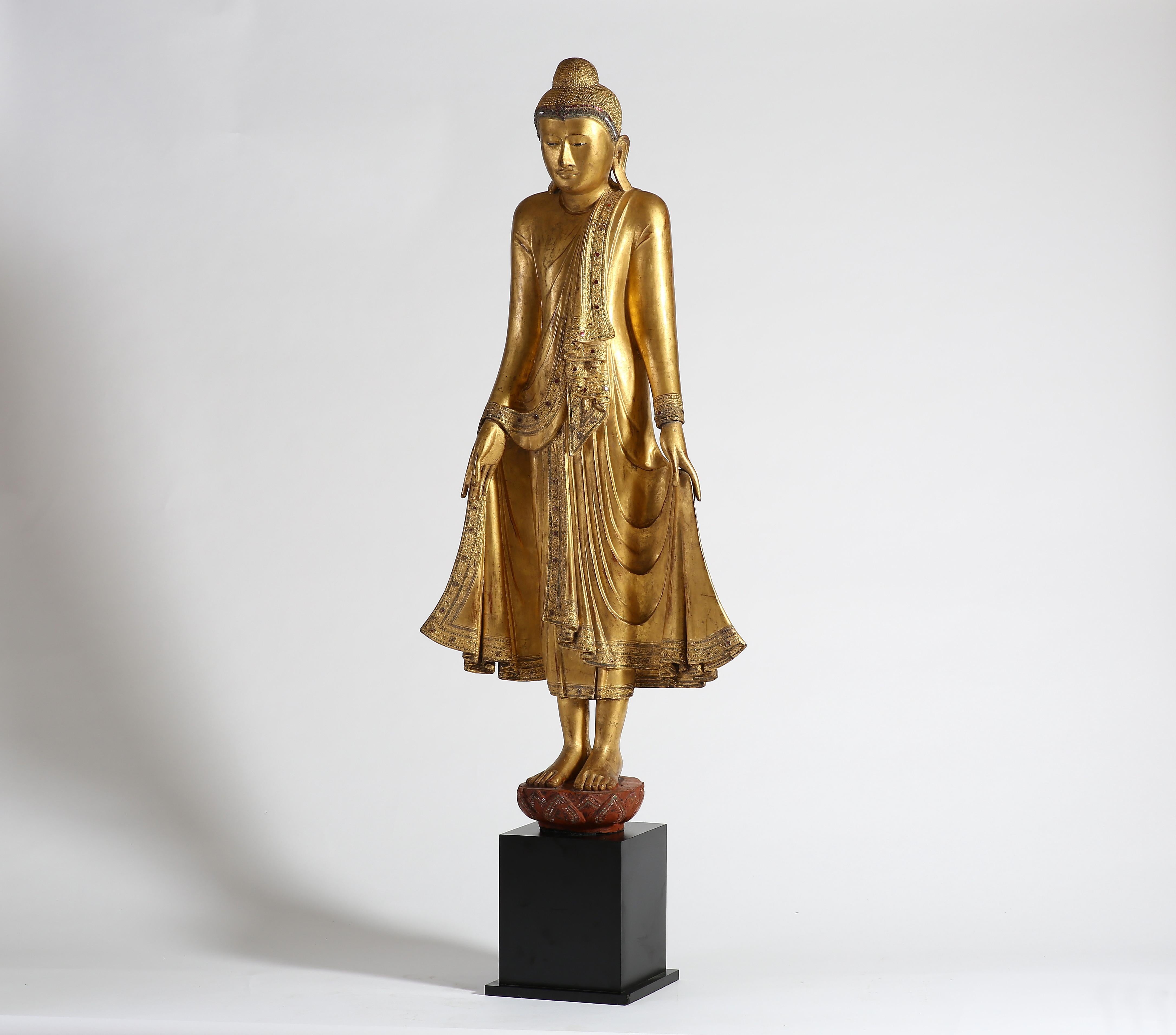 Gold Leaf Antique Burmese Gilt Standing Buddha, Mandalay, 19th Century