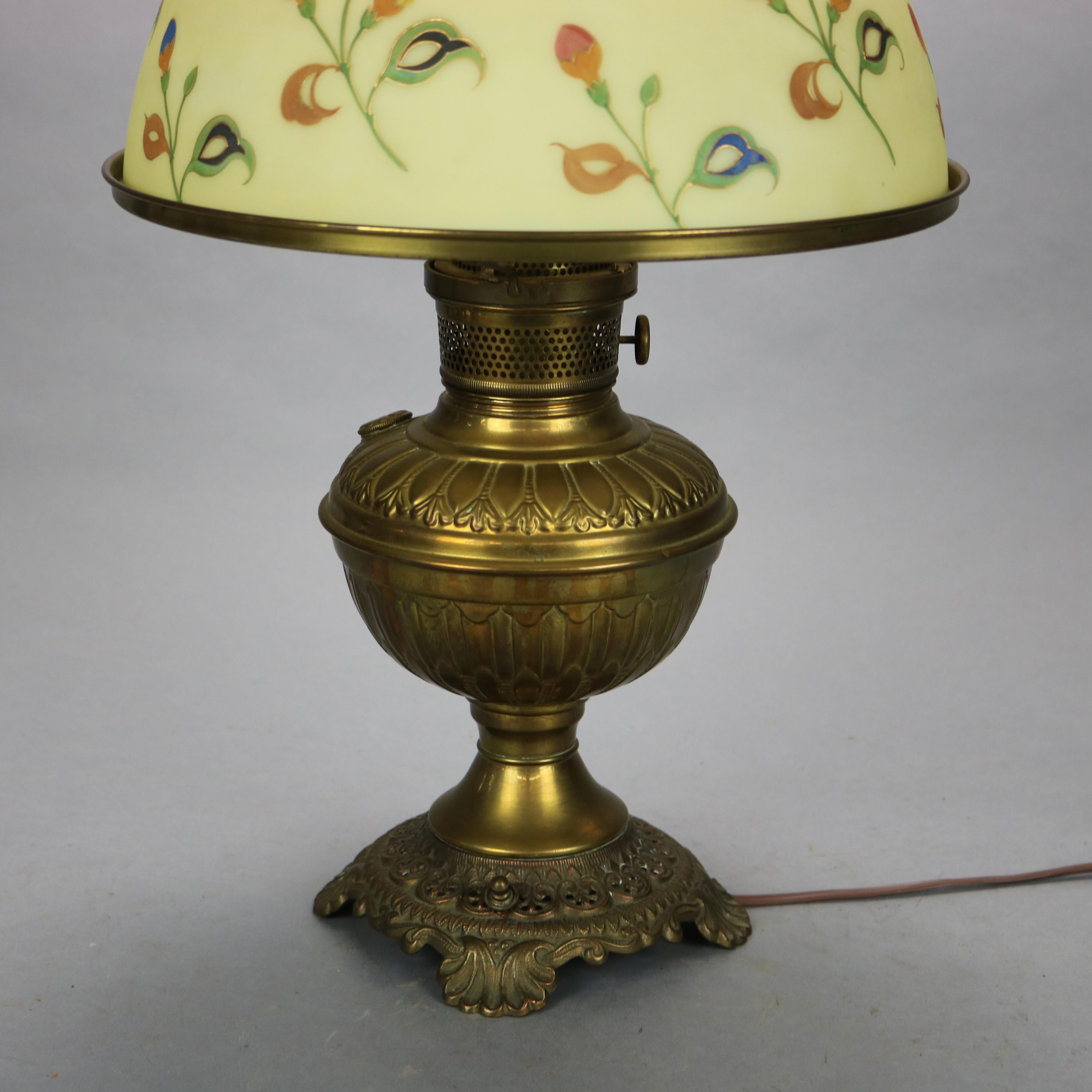Cast Antique Burmese Hand Painted & Gilt Tam-O-Shanter Shade & Brass Lamp, Circa 1890 For Sale