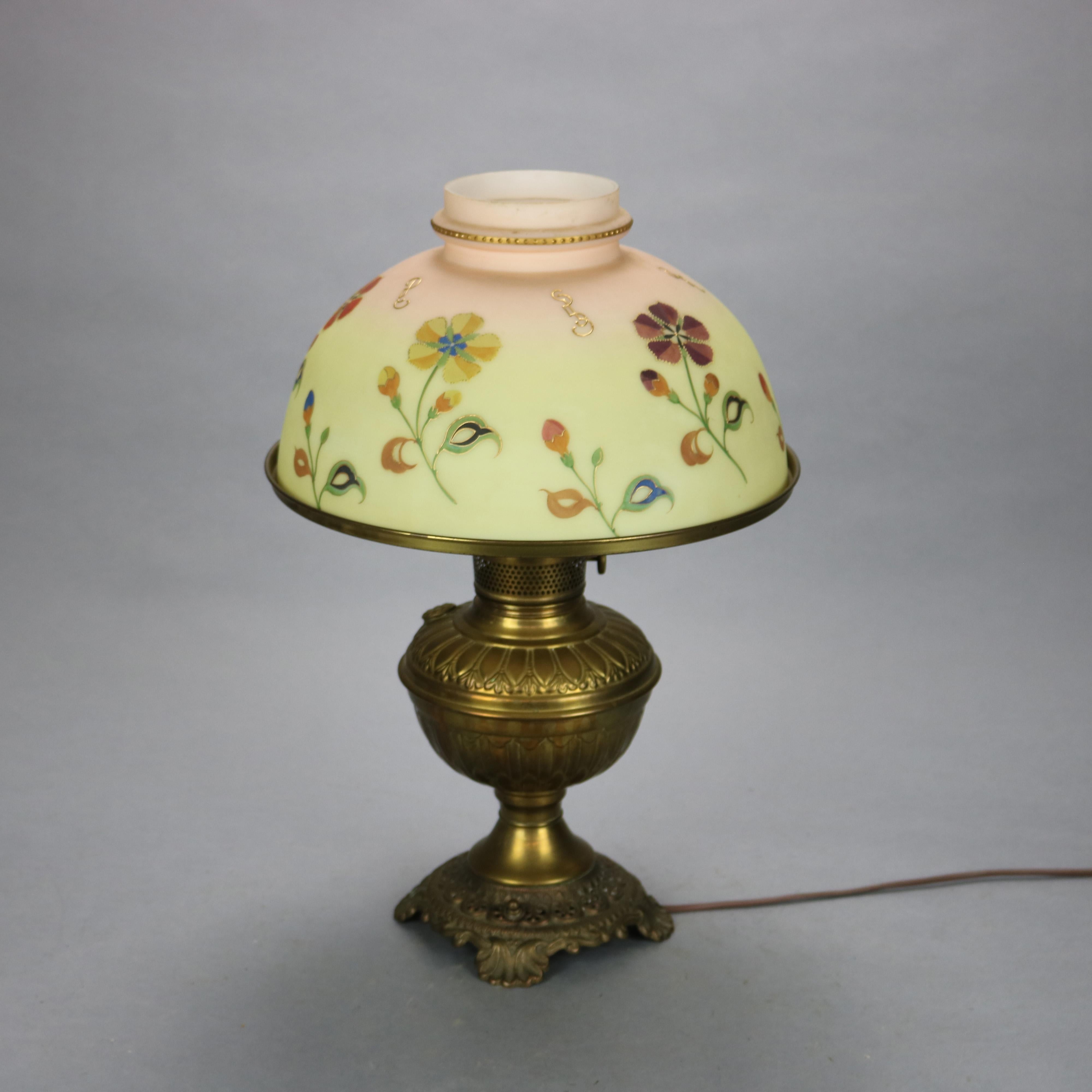 Antique Burmese Hand Painted & Gilt Tam-O-Shanter Shade & Brass Lamp, Circa 1890 In Good Condition For Sale In Big Flats, NY