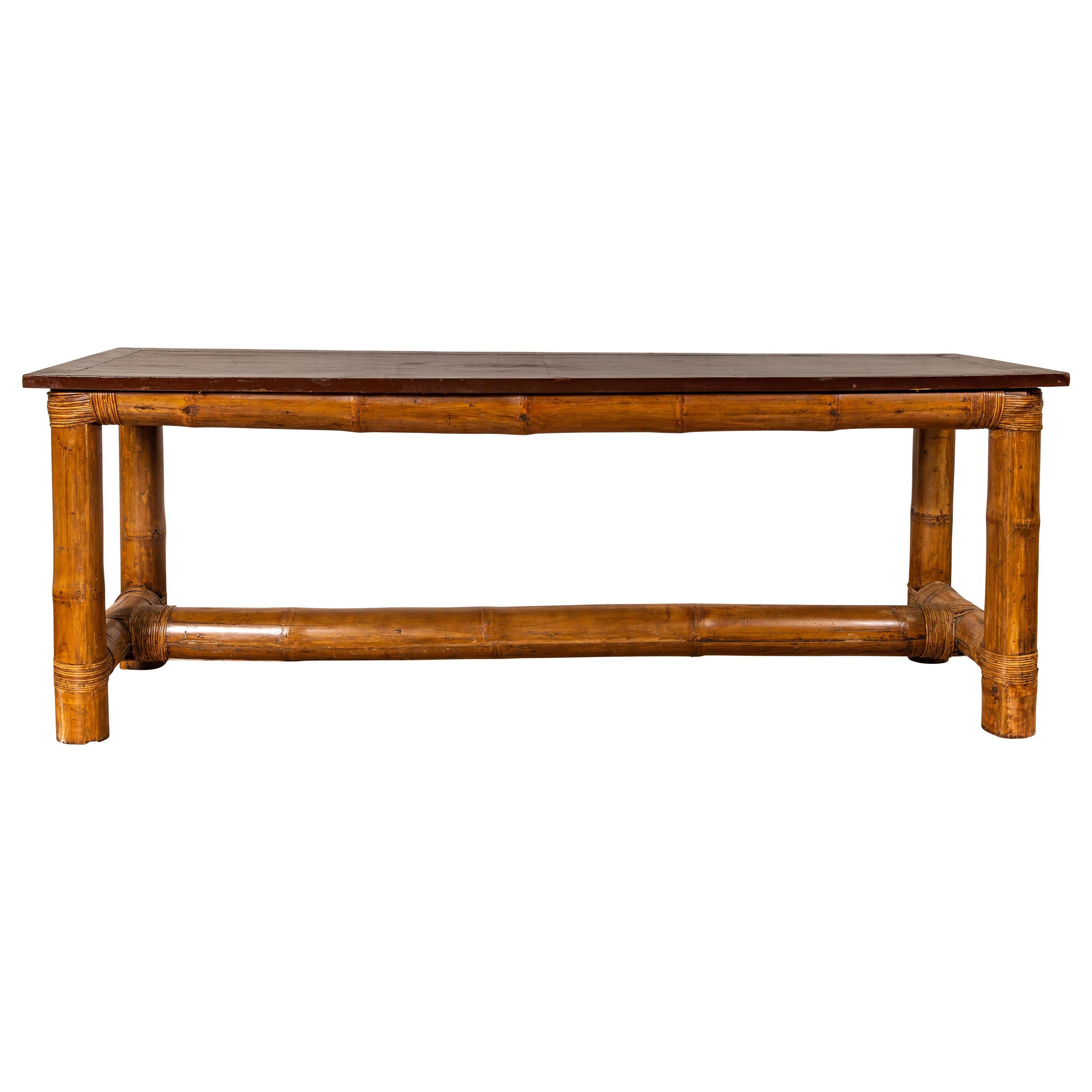 Ancienne table console en bambou de style japonais birman ancien avec laque Negora