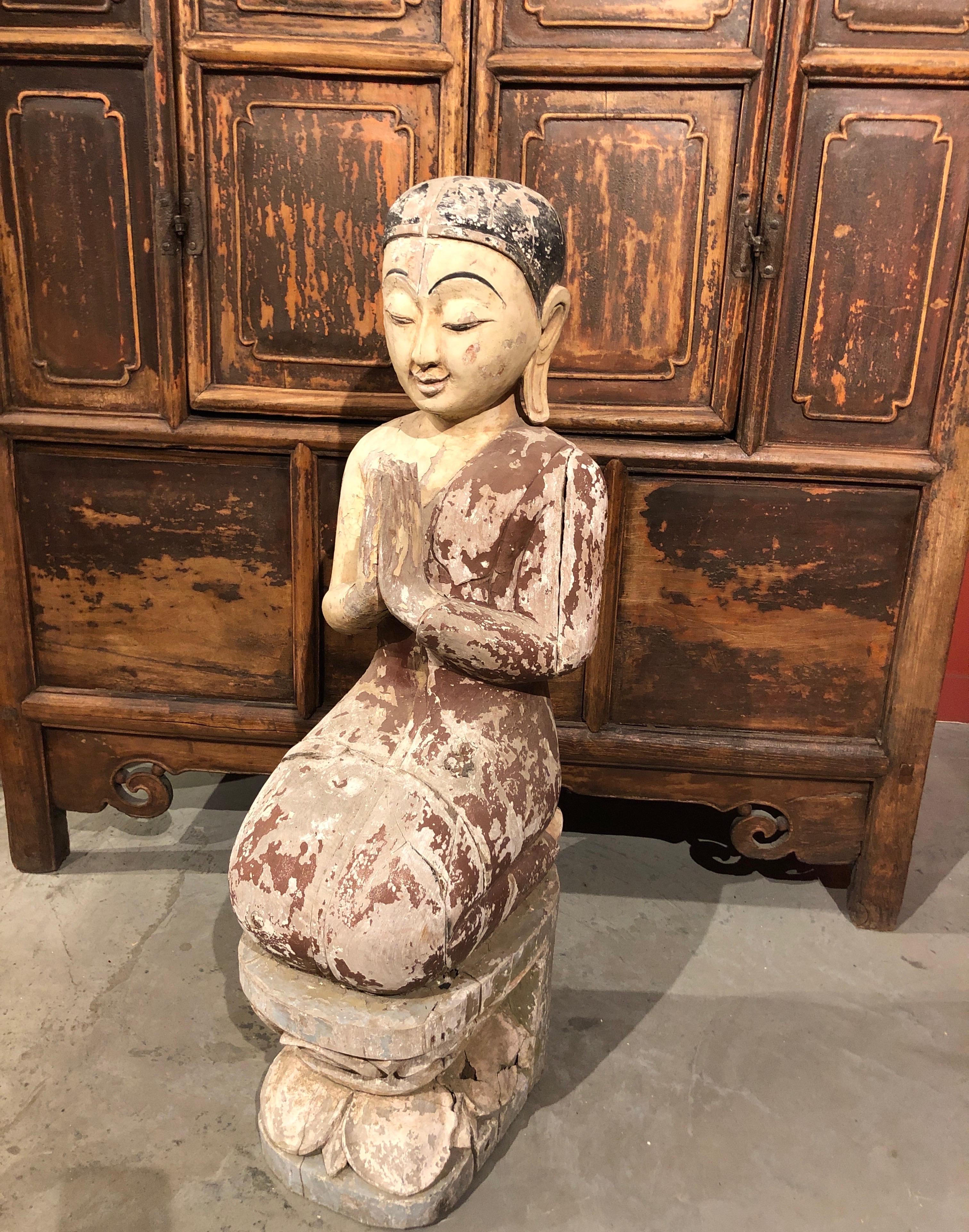Antique Burmese Kneeling Monk Sculpture with Original Paint For Sale 6