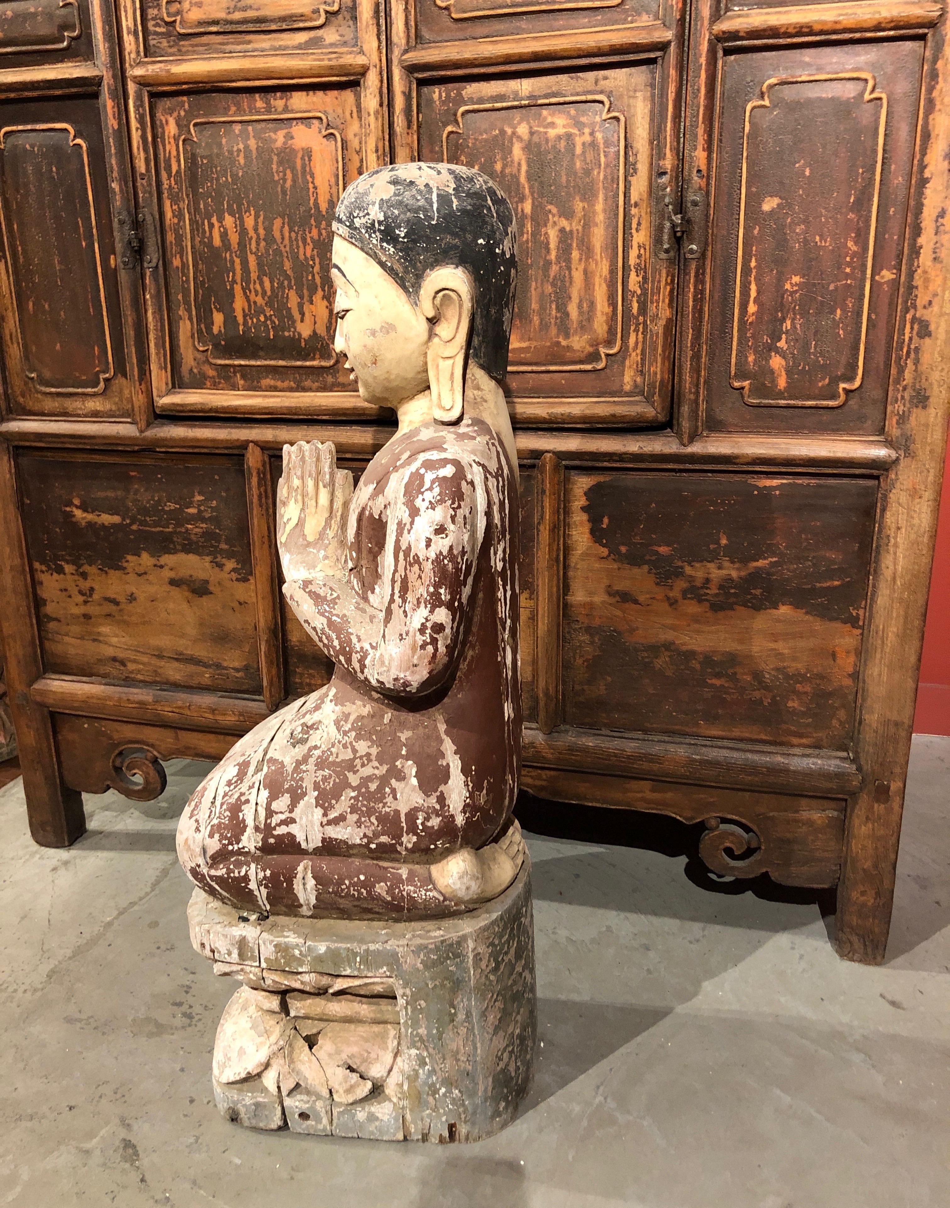 Antique Burmese Kneeling Monk Sculpture with Original Paint For Sale 12