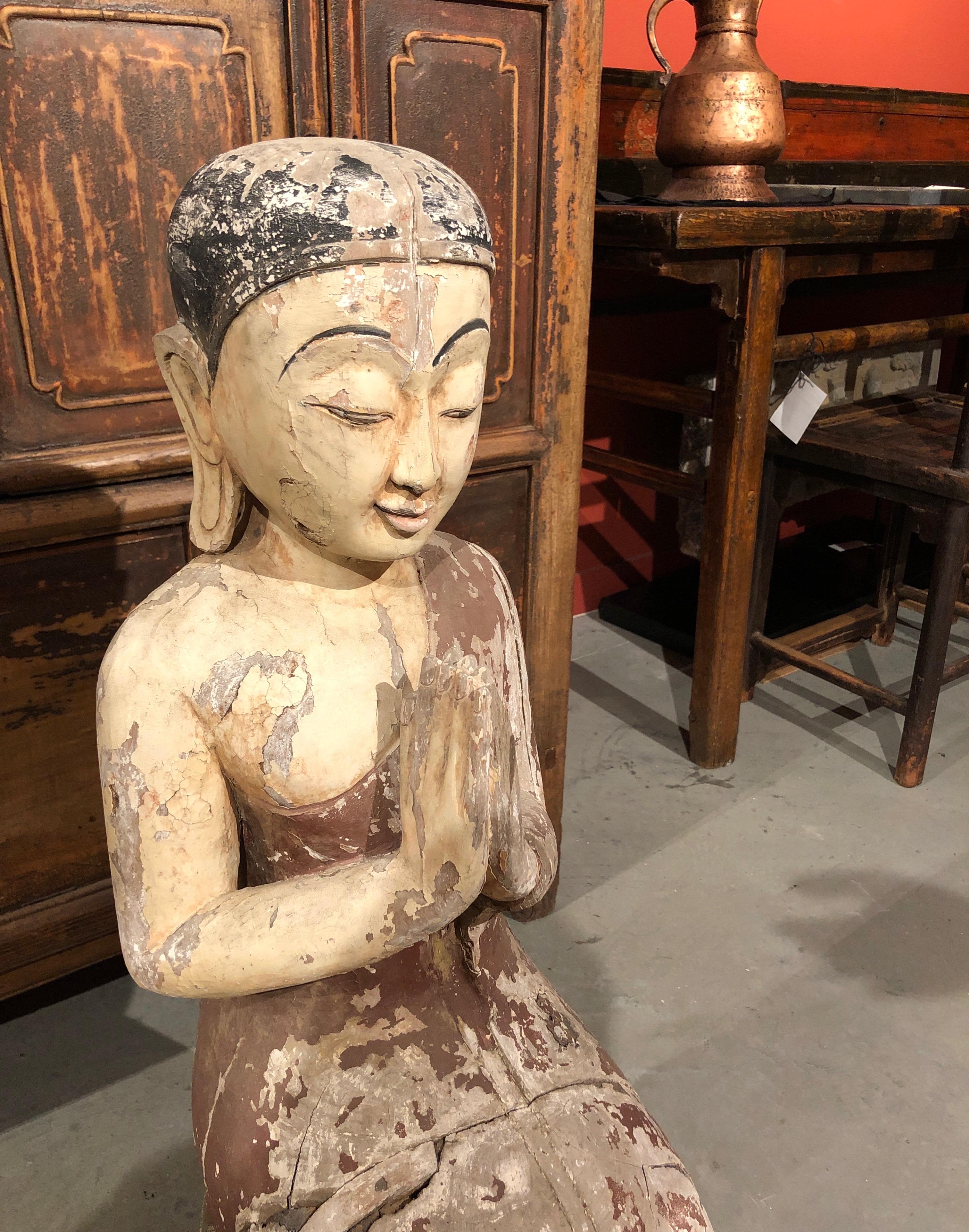 20th Century Antique Burmese Kneeling Monk Sculpture with Original Paint For Sale