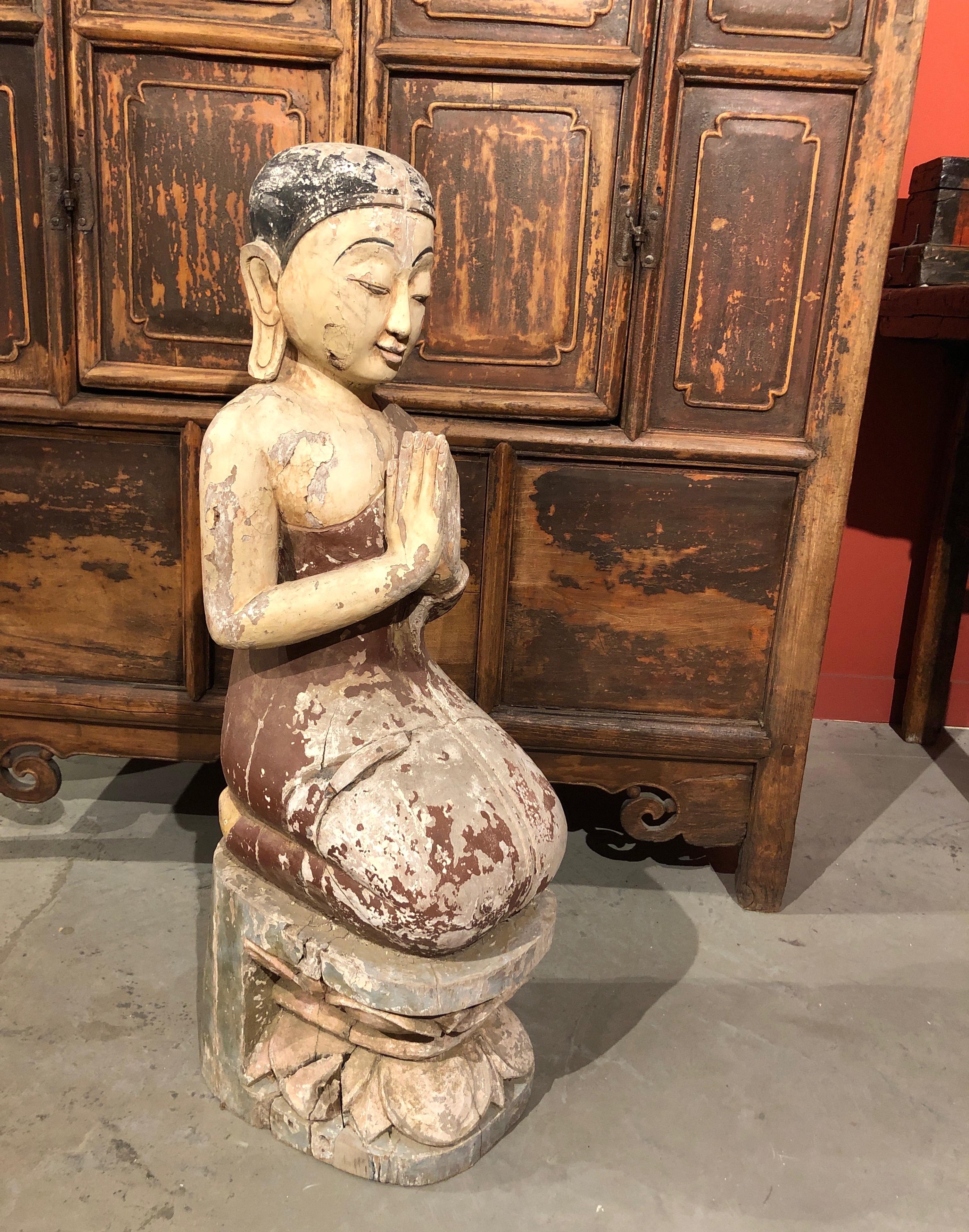 Teak Antique Burmese Kneeling Monk Sculpture with Original Paint For Sale