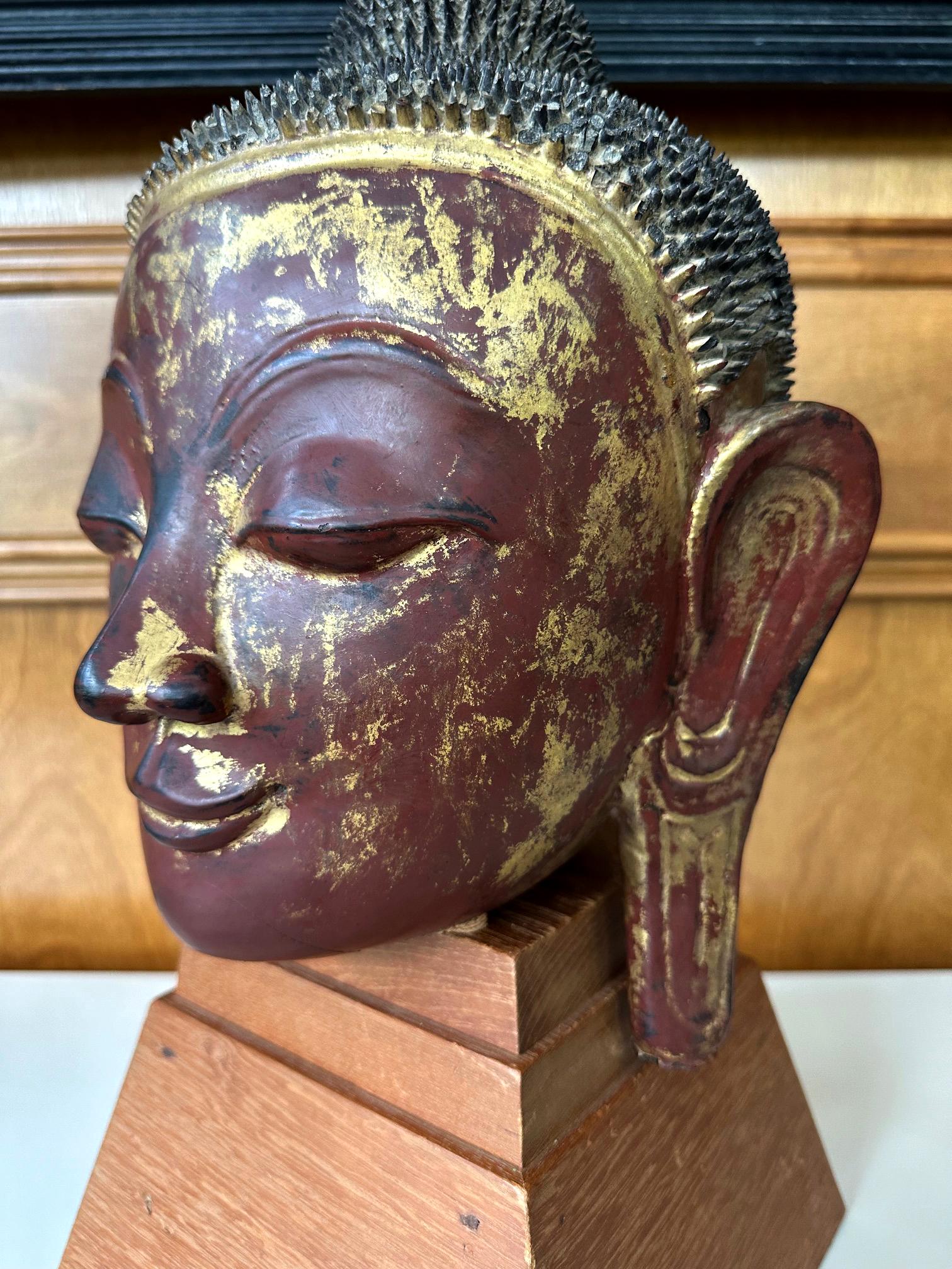 Antique Burmese Lacquer and Gilt Buddha Head Sculpture  For Sale 6