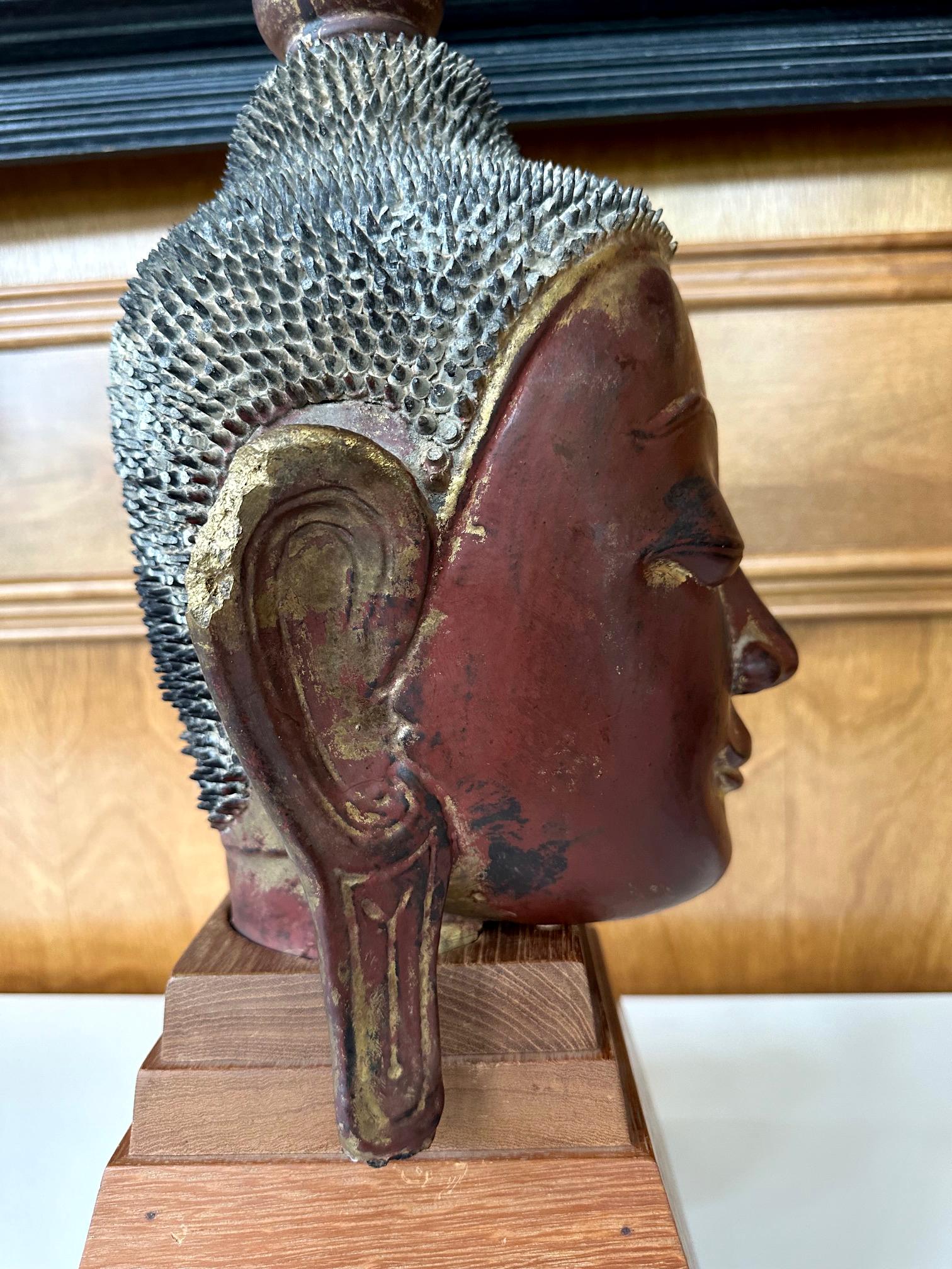 Antique Burmese Lacquer and Gilt Buddha Head Sculpture  For Sale 10