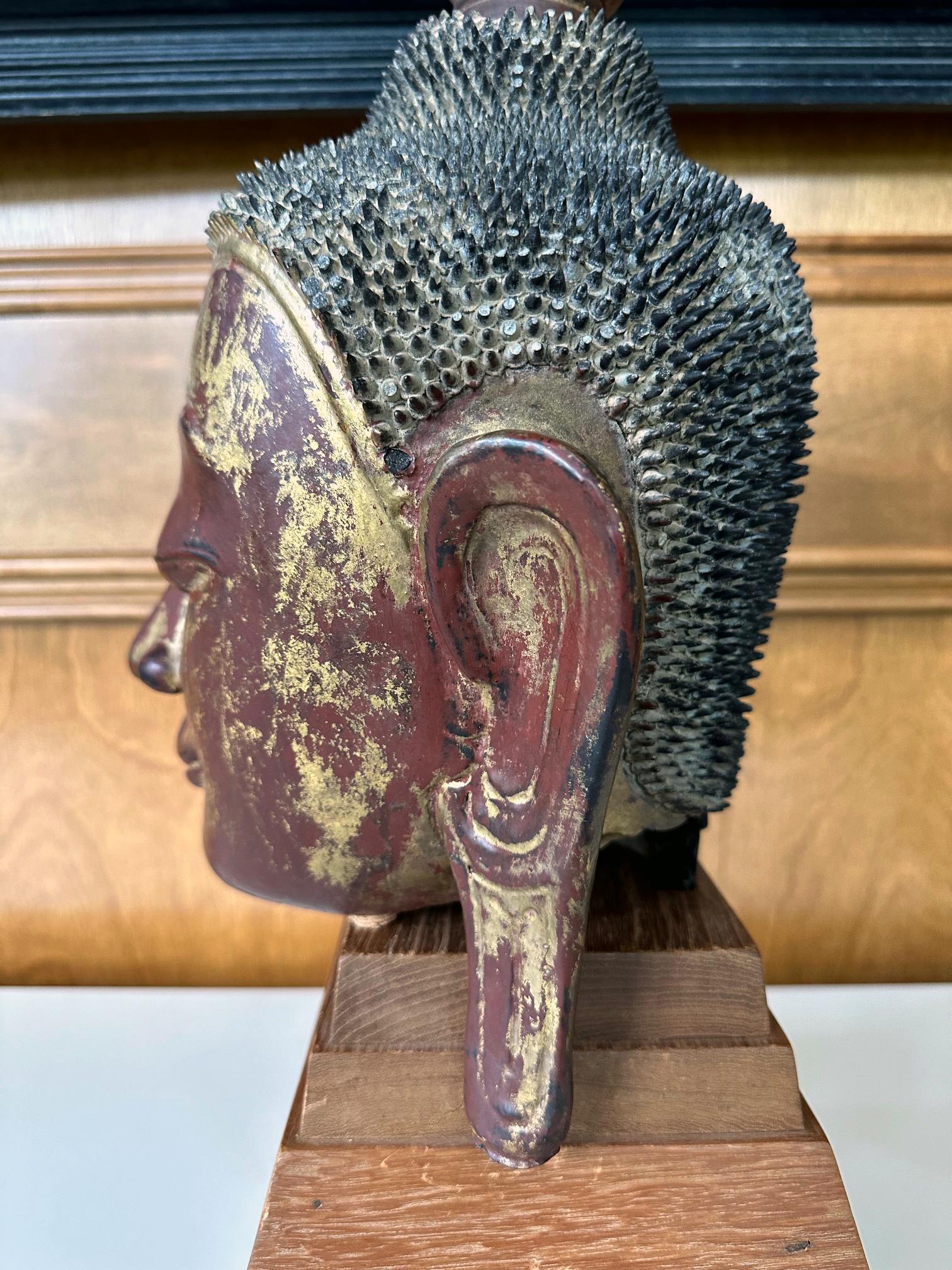 Antique Burmese Lacquer and Gilt Buddha Head Sculpture  For Sale 11