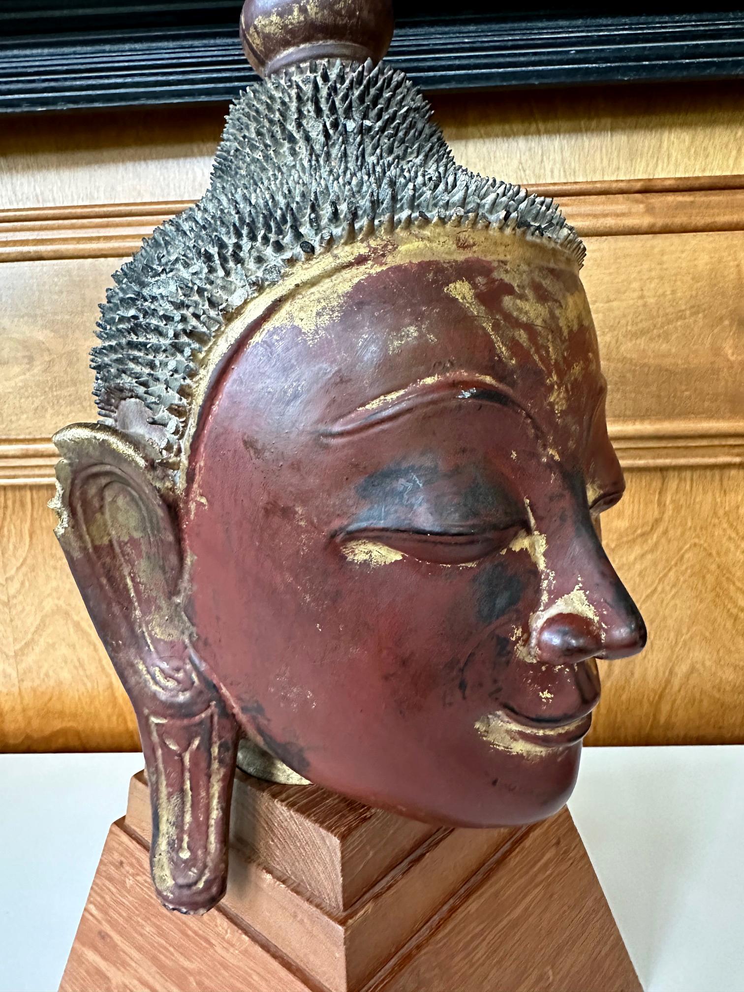 Antique Burmese Lacquer and Gilt Buddha Head Sculpture  For Sale 12