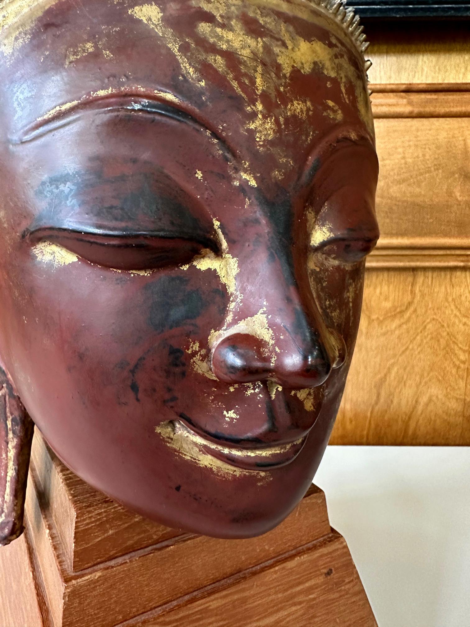 Antique Burmese Lacquer and Gilt Buddha Head Sculpture  For Sale 14