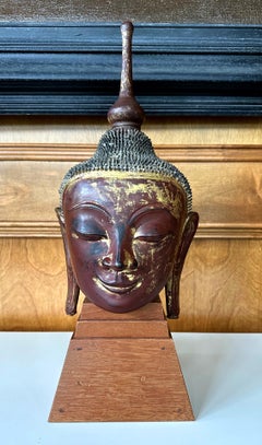Antique Burmese Lacquer and Gilt Buddha Head Sculpture