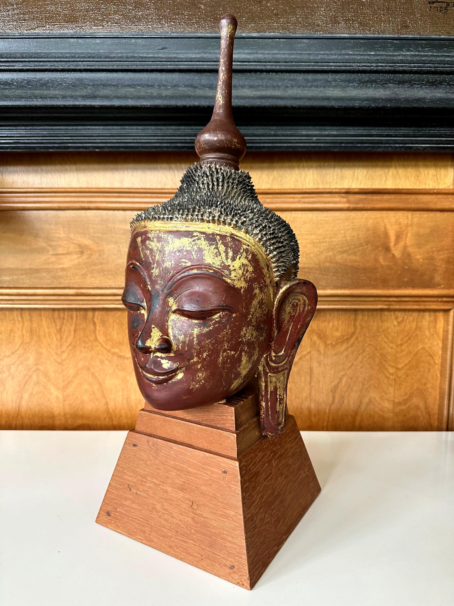 Archaistic Antique Burmese Lacquer and Gilt Buddha Head Sculpture  For Sale