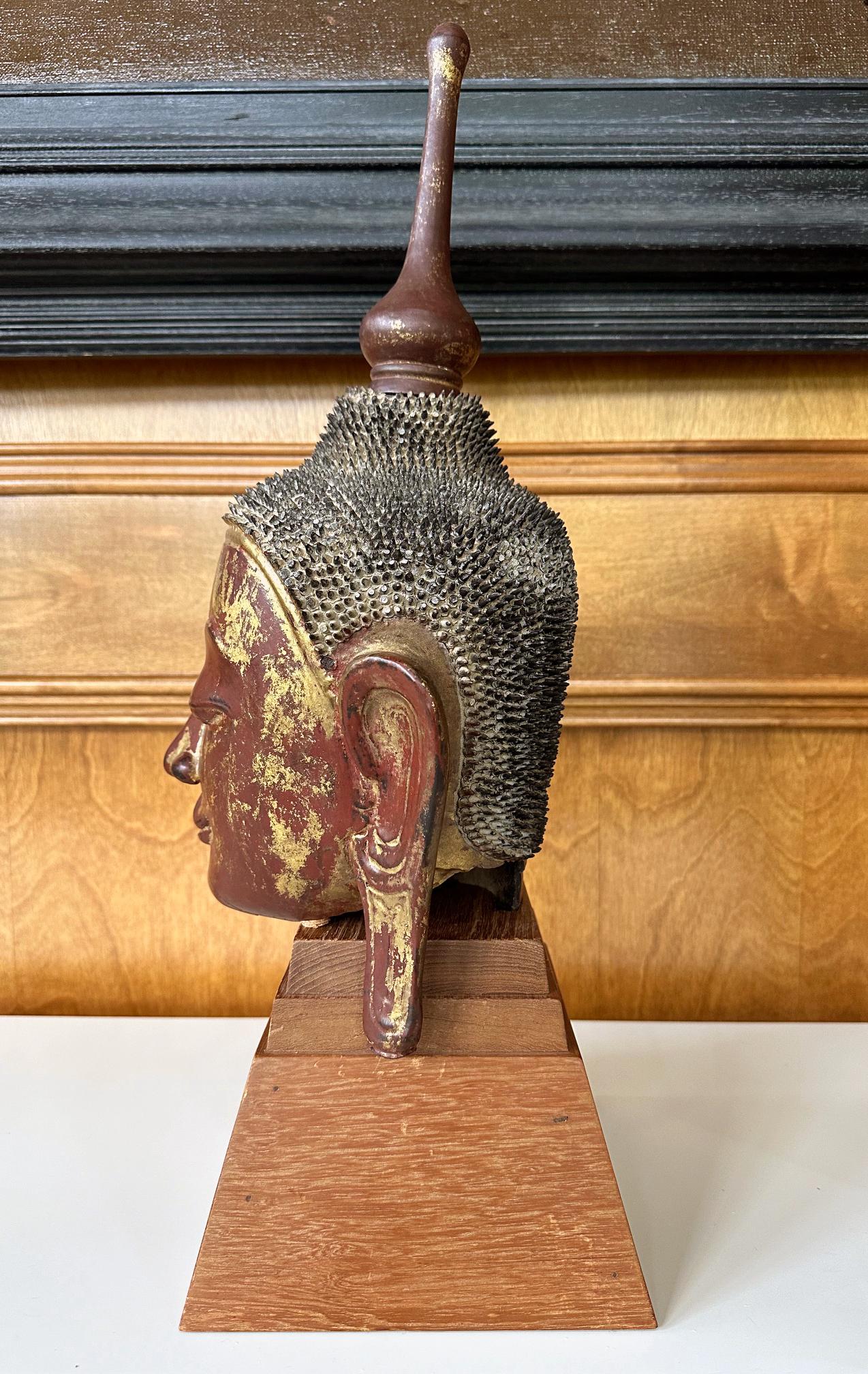 Antique Burmese Lacquer and Gilt Buddha Head Sculpture  In Fair Condition For Sale In Atlanta, GA